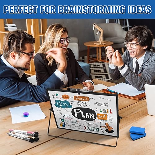 Vista 12 de Grtard Pizarra blanca magnética de borrado en seco, pizarra blanca de escritorio de doble cara de 16 x 12 pulgadas con soporte, juego de pizarra