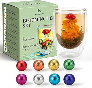 Blooming Tea Gift Set with Double-Walled Glass Teacup, 8 Handcrafted Flowering Tea Balls, Artisan Green Tea and Flower Varieties, Perfect Birthday and Anniversary Gift for Tea Lovers