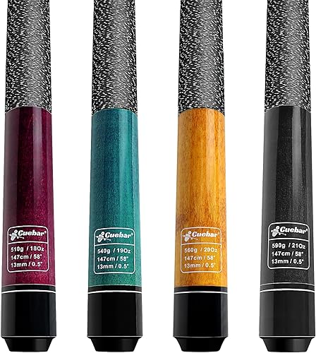 Miniatura 10 de Juego de tacos de billar CUEBAR de 4, palos de 1.47 m de maple de 2 piezas en 4 colores/pesos (18-21 oz) con punta de 13 mm y empuñadura de lino,
