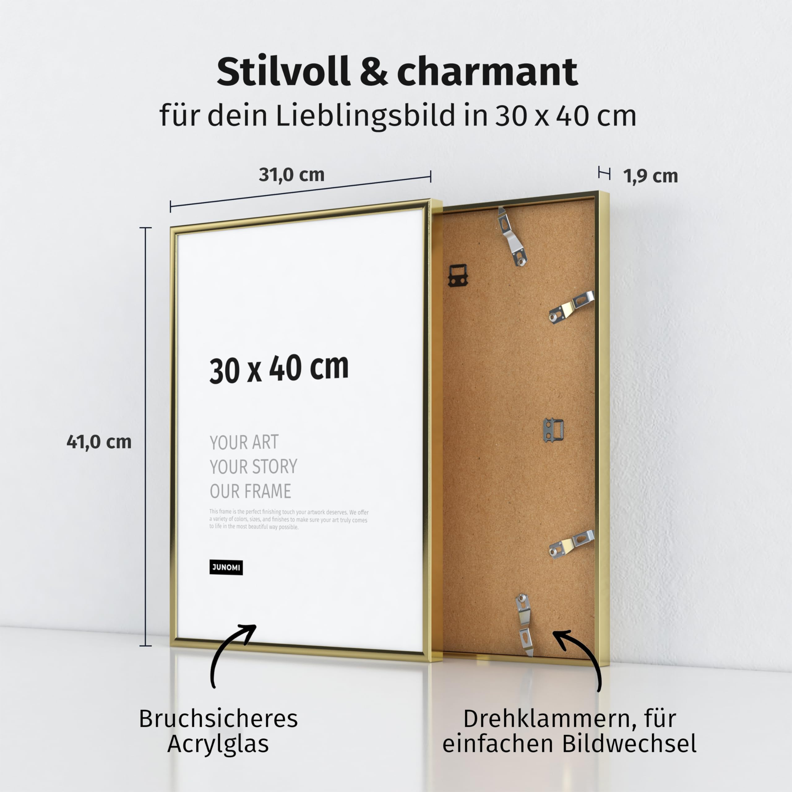 JUNOMI® Picture Frame 30 × 40 cm, Gold Glossy Aluminium, Slim Profile, Shatterproof Acrylic Glass - Image 3
