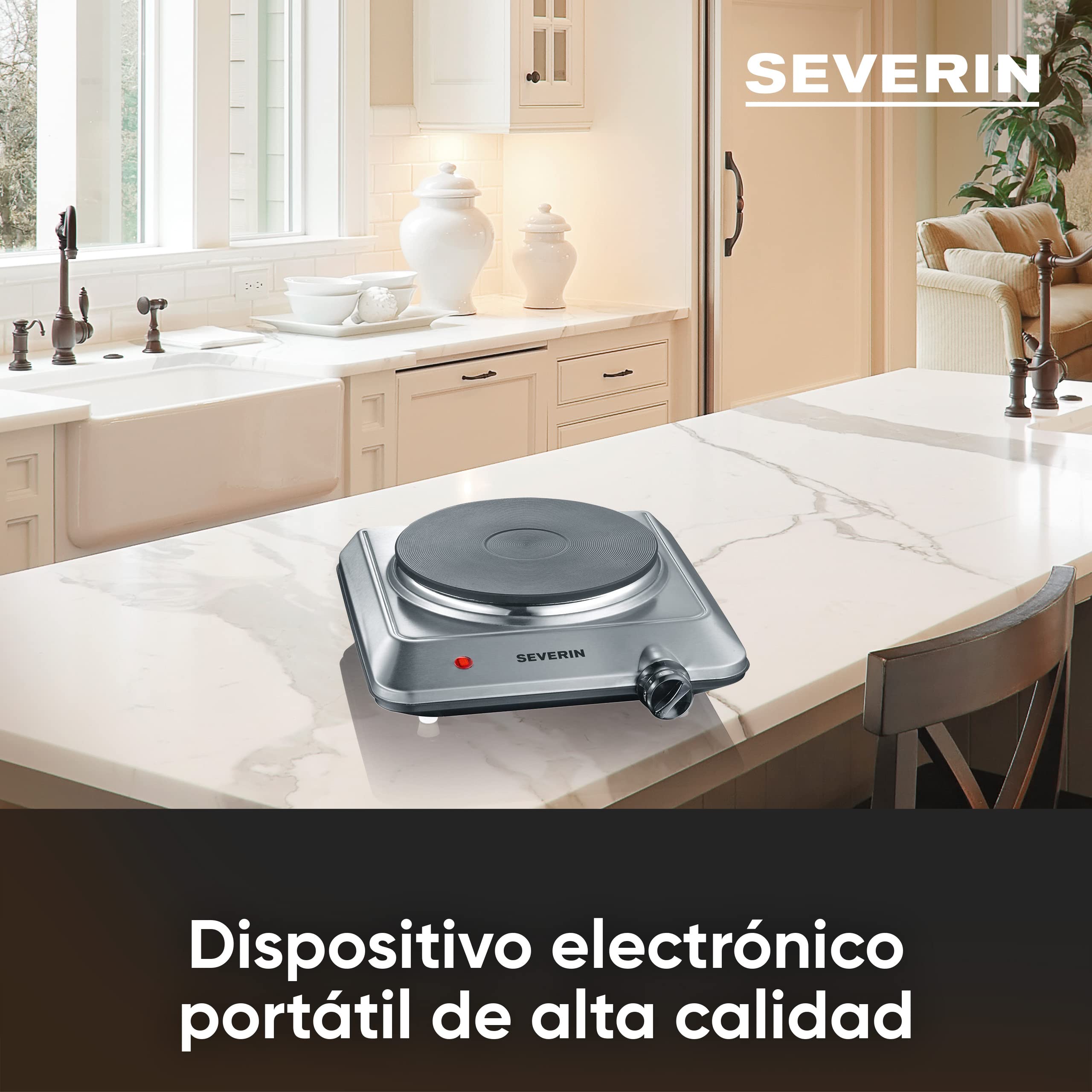 SEVERIN Placa de cocina portátil, placa eléctrica para cocinar fácil de limpiar, hornillo eléctrico con termostato regulable, acero inoxidable cepillado, 1500 W, KP 1092