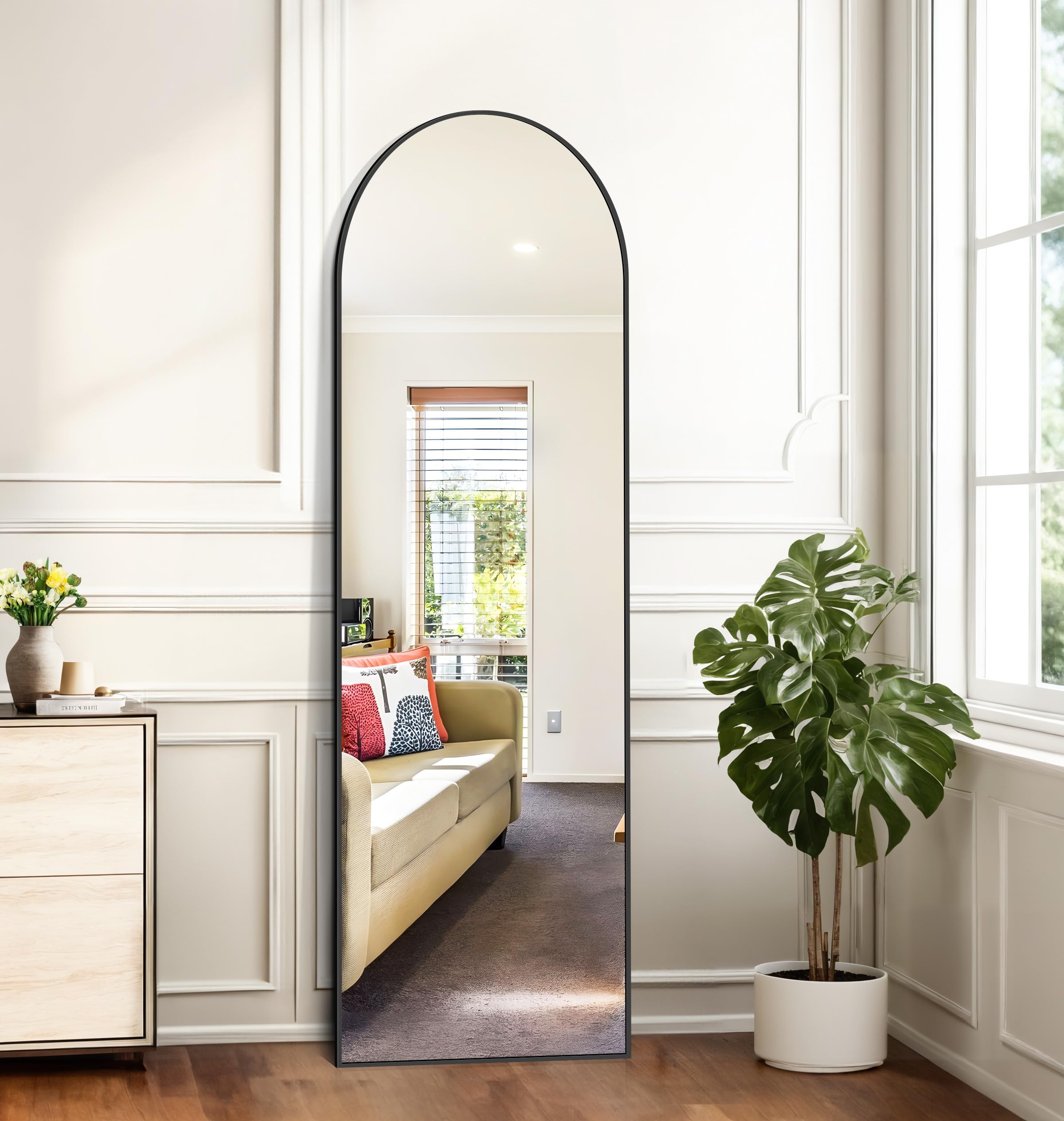 Miroir sur Pied 150 x 40 cm, Grand Miroir Mural en Pleine Longueur avec Cadre en Aluminium Noir, Miroir Arqué pour Salle de Bain, Chambre, Entrée et Couloir