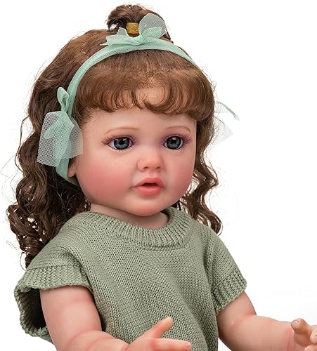 Miniatura 3 de RXDOLL Muñecas Reborn de silicona de cuerpo completo para niña de 22 pulgadas, muñecas realistas de pelo largo, impermeables, con traje verde,