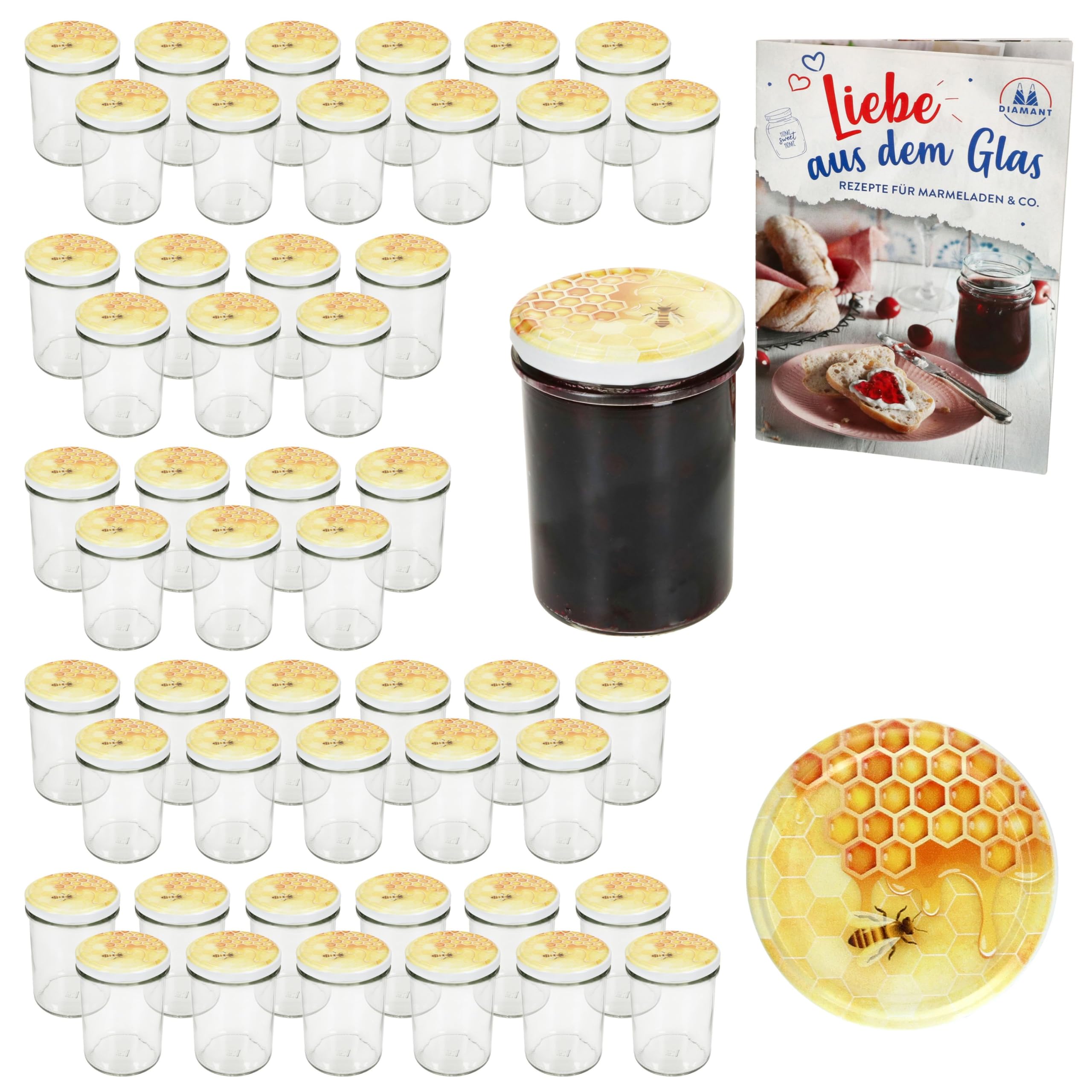MamboCat Set di 50 vasetti in vetro da 230 ml con coperchio a vite TO 66 miele, barattoli per conserve + ricetta diamantata e zucchero, per conservare i barattoli