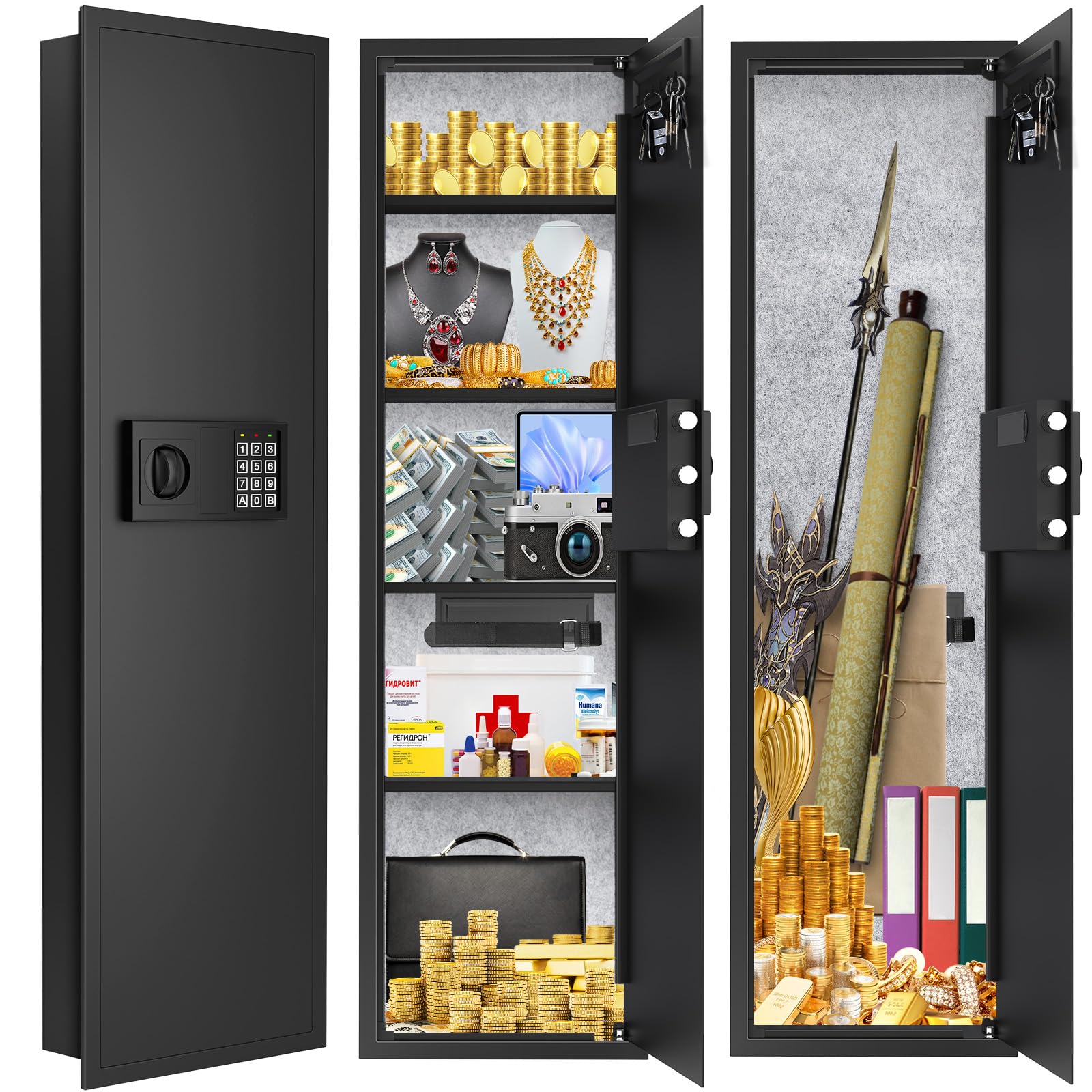 51.18" Tall Wall Safes Between the Studs 16" Centers, Heavy Duty Combination Lock in Wall Safe with 4 Removable Shelf, Hidden Safe for Money, Jewelry, Document, Passport