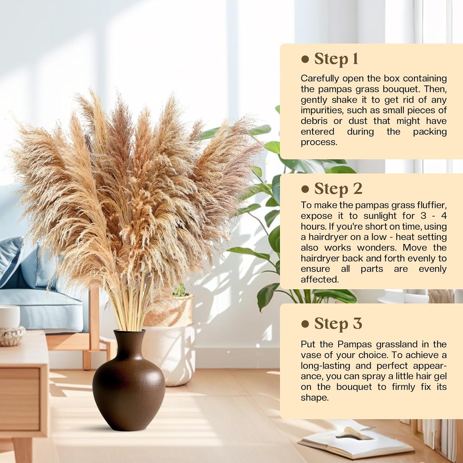 46inch 12pcs Dried Pampas Grass Decor Tall-Large Brown Pompas Grass Floral-Natural Tall Fluffy Pampas Grass Flower for Floor Vase,Wedding,Party,Living Room Floor,Boho Home Decor