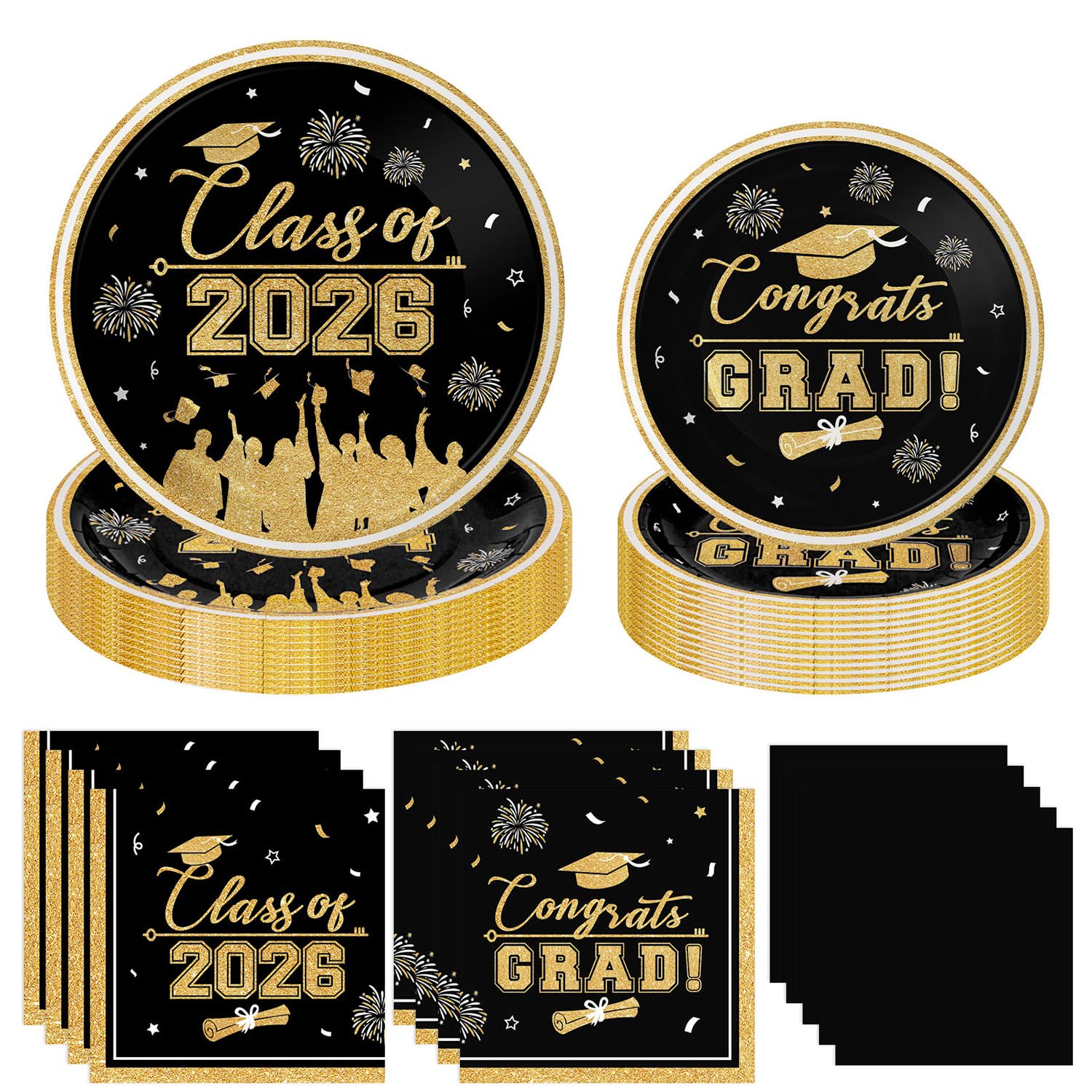 Class of 2026 Graduation Party Supplies - Congrats Grad Tableware Set, Black and Gold Graduation Paper Dessert Plates and Napkins for Graduations