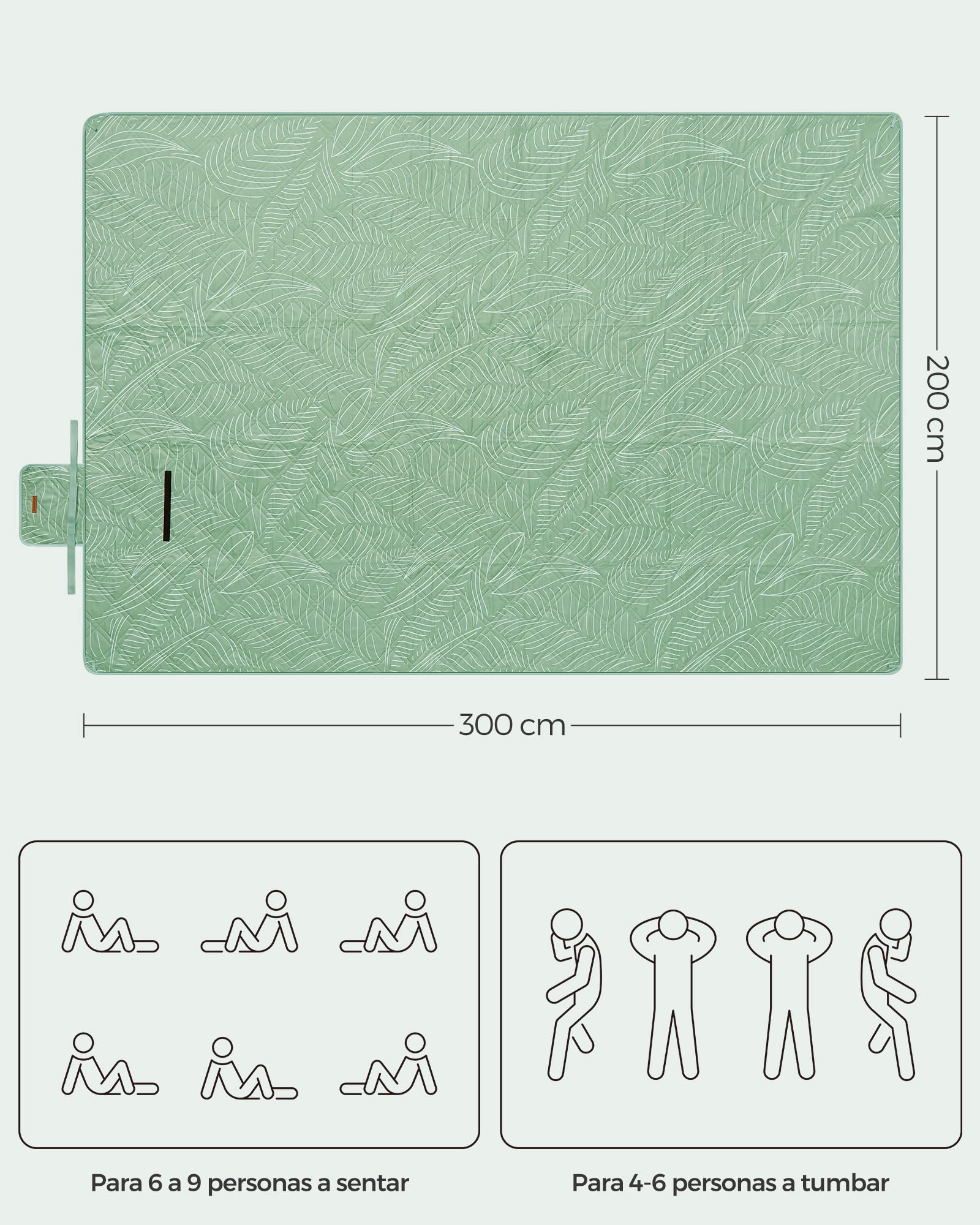 SONGMICS Manta de Picnic, 300 x 200 cm, con 4 Estacas de Suelo, Manta Grande, para Camping, Parque, Jardín, Playa, Impermeable, Lavable a Máquina, Plegable, Motivo de Hojas y Verde Menta GCM310C03