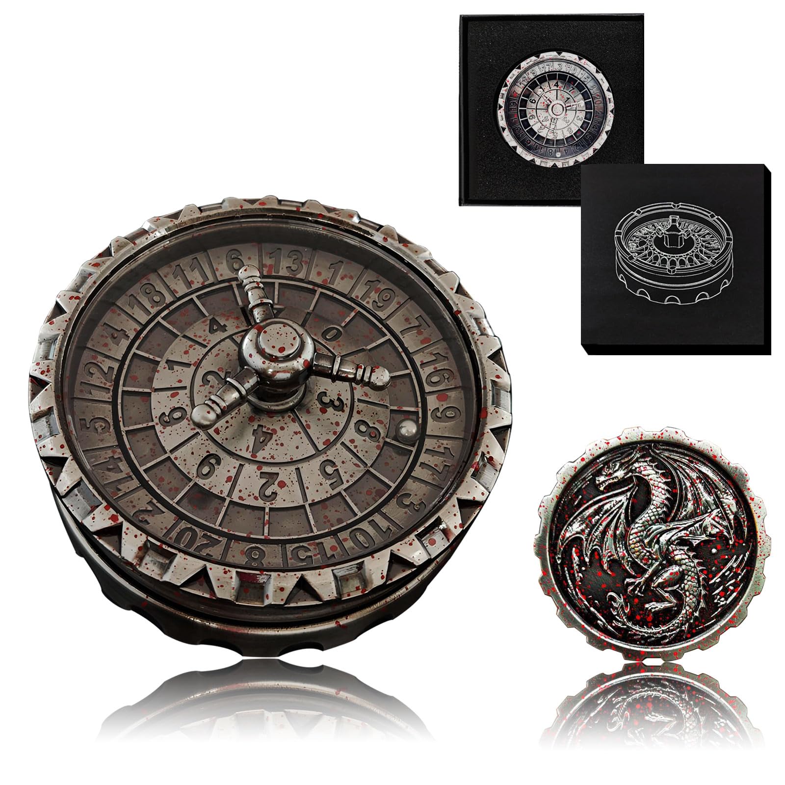 Roulette Spinner for DND Dice Set, D20 D8 D4 Dragon Metal D&D Dice with Gift Case for DND Game, RPG Role Playing Table Game Gifts (Bloodstains, 3-in-1