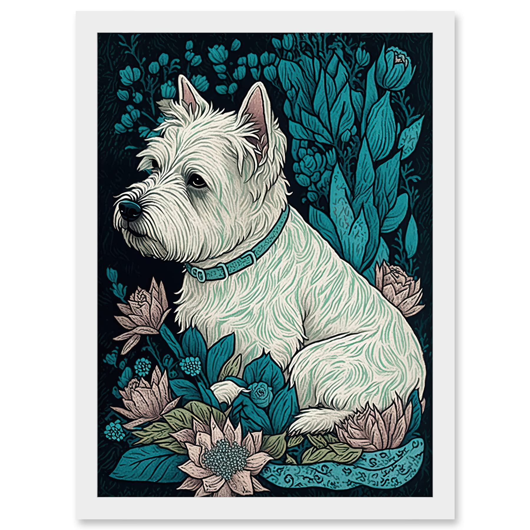 Artery8 West Highland White Terrier Sitting in Flower Field Modern Dark Illustration Artwork Framed A3 Wall Art Print