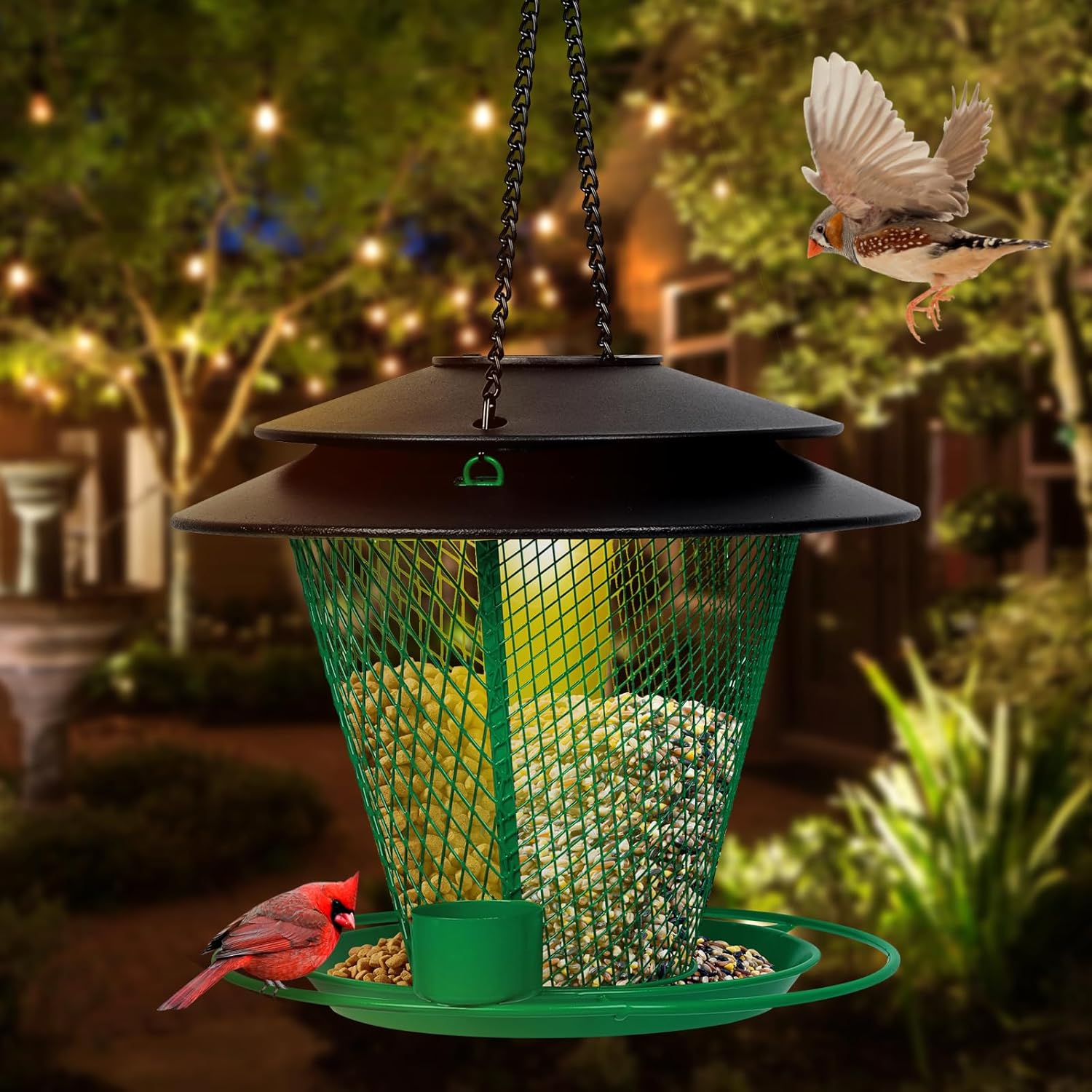 Solar Bird Feeders for Outdoors Hanging, Metal Wild Bird Feeder for Outside with 2 Size, Cardinal Bird Feeder Squirrel Proof Solar Garden Lantern with Birdfeeder Decor Gift for Bird Lovers (Green) green-2