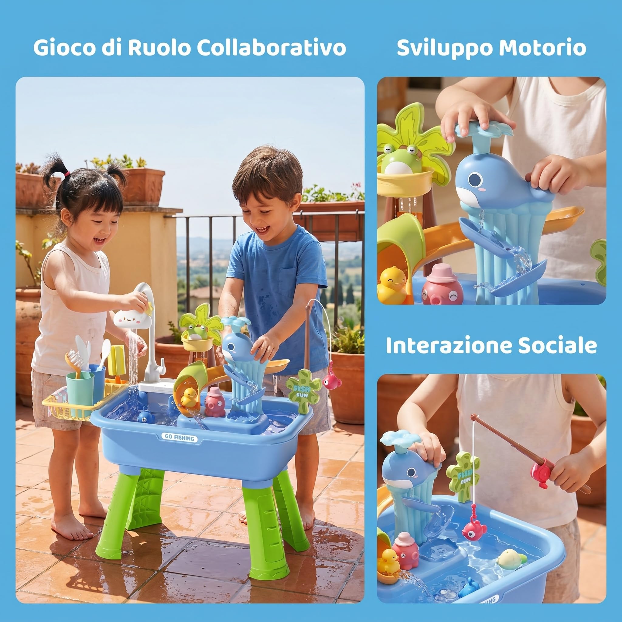 43 Pezzi di Giocattoli da Cucina, Set di Giochi di Ruolo, lavastoviglie, Accessori per Cucinare, Pesca, Set interattivo per Giocare a Fare Finta, Blu