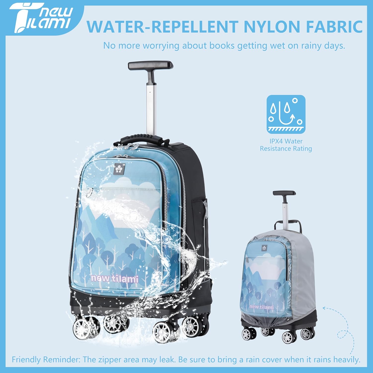NEW TILAMI 19 Inch Rolling Backpack 360°rotating Universal Wheel, Large Organizer Compartments, Adjustable Handle, Carry on for School Students Business Travel, Misty Blue Forest