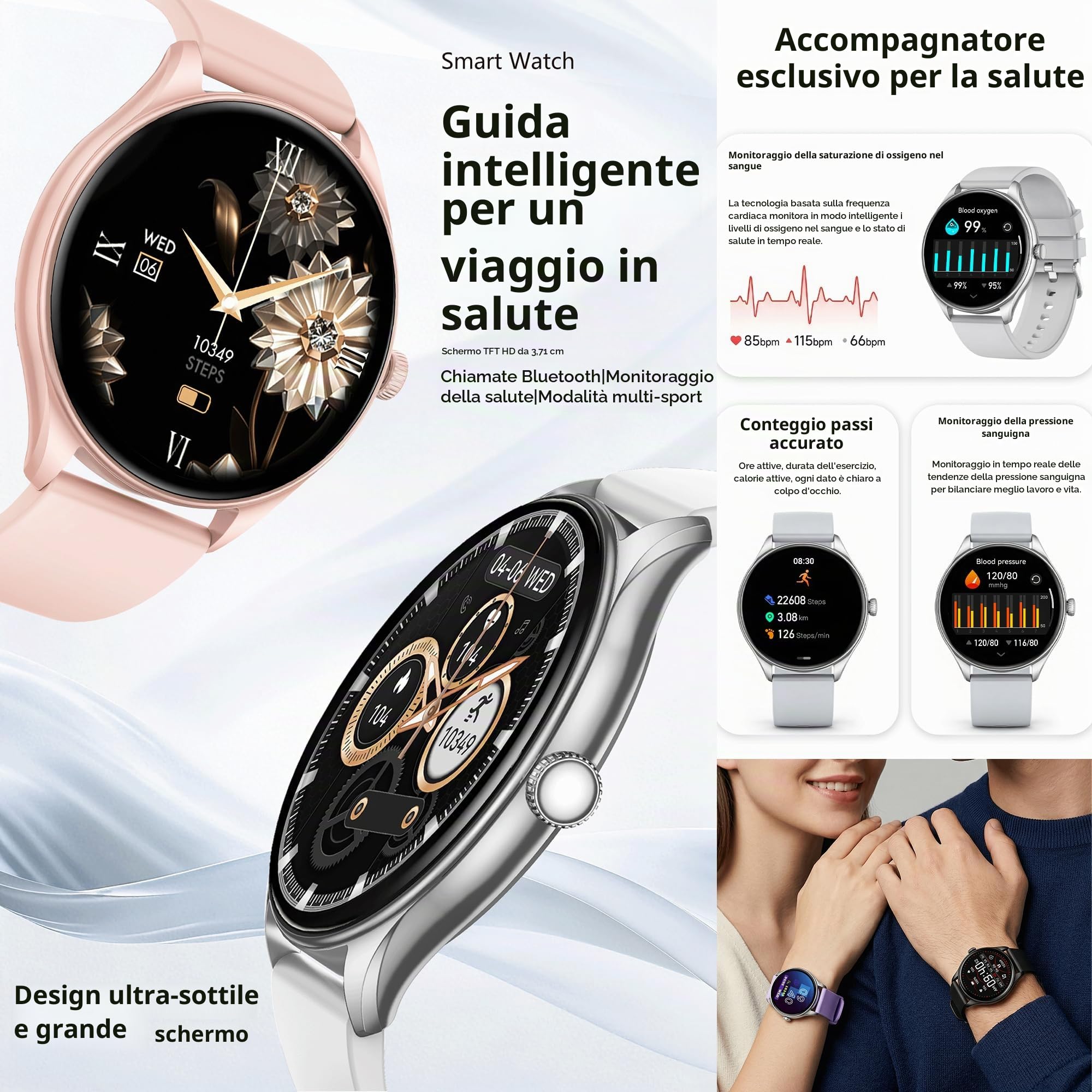 Smartwatch Uomo and Smartwatch Donna Chiamata Bluetooth e Risposta Vivavoce, 100+ Modalità Sport Notifiche Messaggi Orologio Fitness Tracker per Android iOS (Nero)