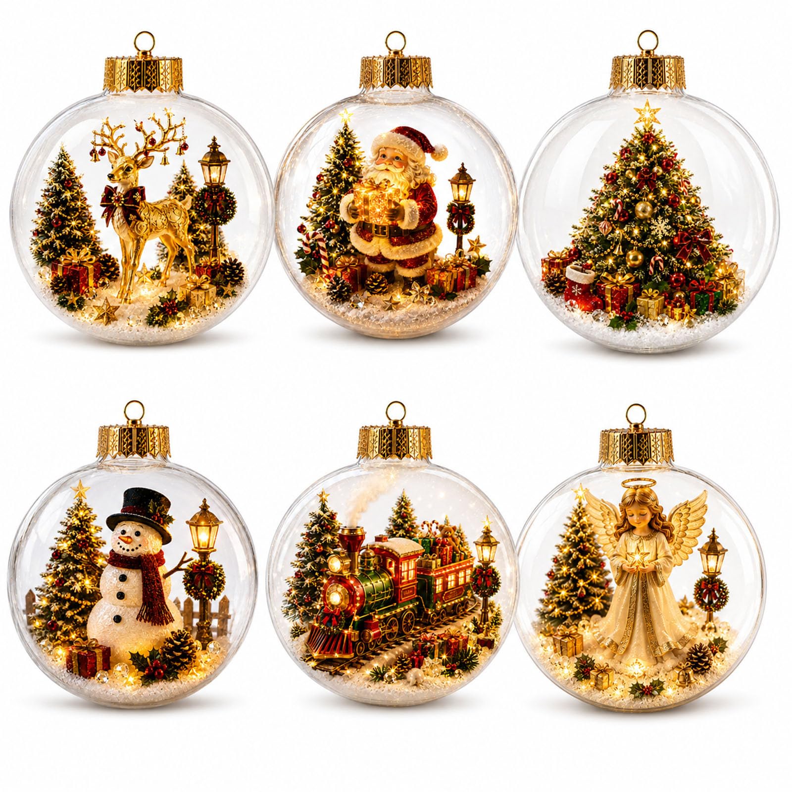 Christmas Ornaments Mini Glowing Holiday Scene, 10cm Light-Up Christmas Tree Hanging Decorations, 6 Styles Plastic Ornament for Xmas Tree Mantelpiece Home Decor (6PC)