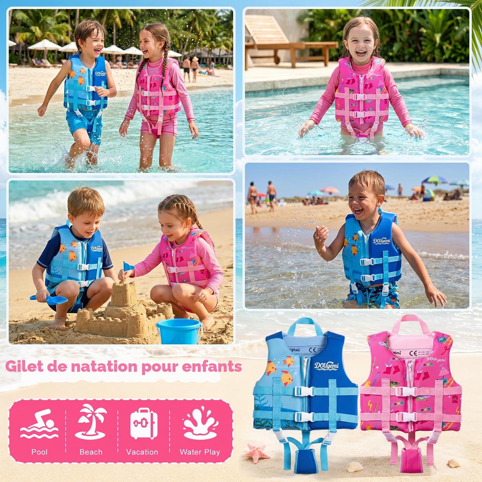Gilet de Natation pour Enfants - Aide à la Natation avec Bretelles de Sécurité Réglables pour Enfants de 15-35kg/2-9 Ans, Convient pour Piscine Plage et Cours de Natation