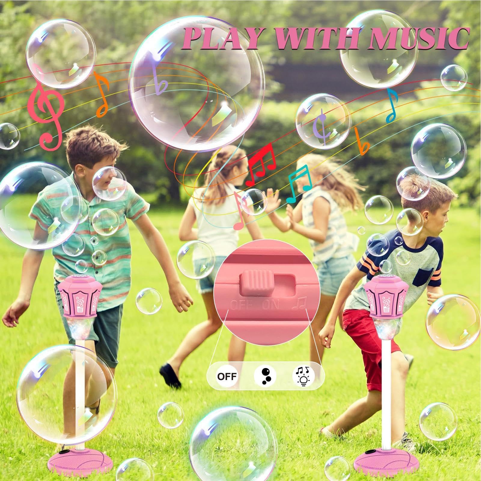 Macchina Bolle Con Supporto Con E Musica Estivo Da Esterno | Altezza Regolabile 53-119 Cm Generatore Di Bolle Per Bambini E Bambine Estivo All'Aperto Prato Giardino Cortile