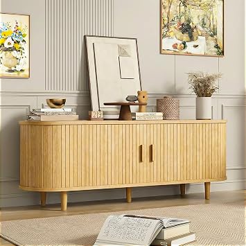58" TV Stand with Sliding Doors, Mid-Century Modern TV Consoles with Power Outlet and Adjustable Shelves, Fluted Entertainment Center for Living Room,Oak