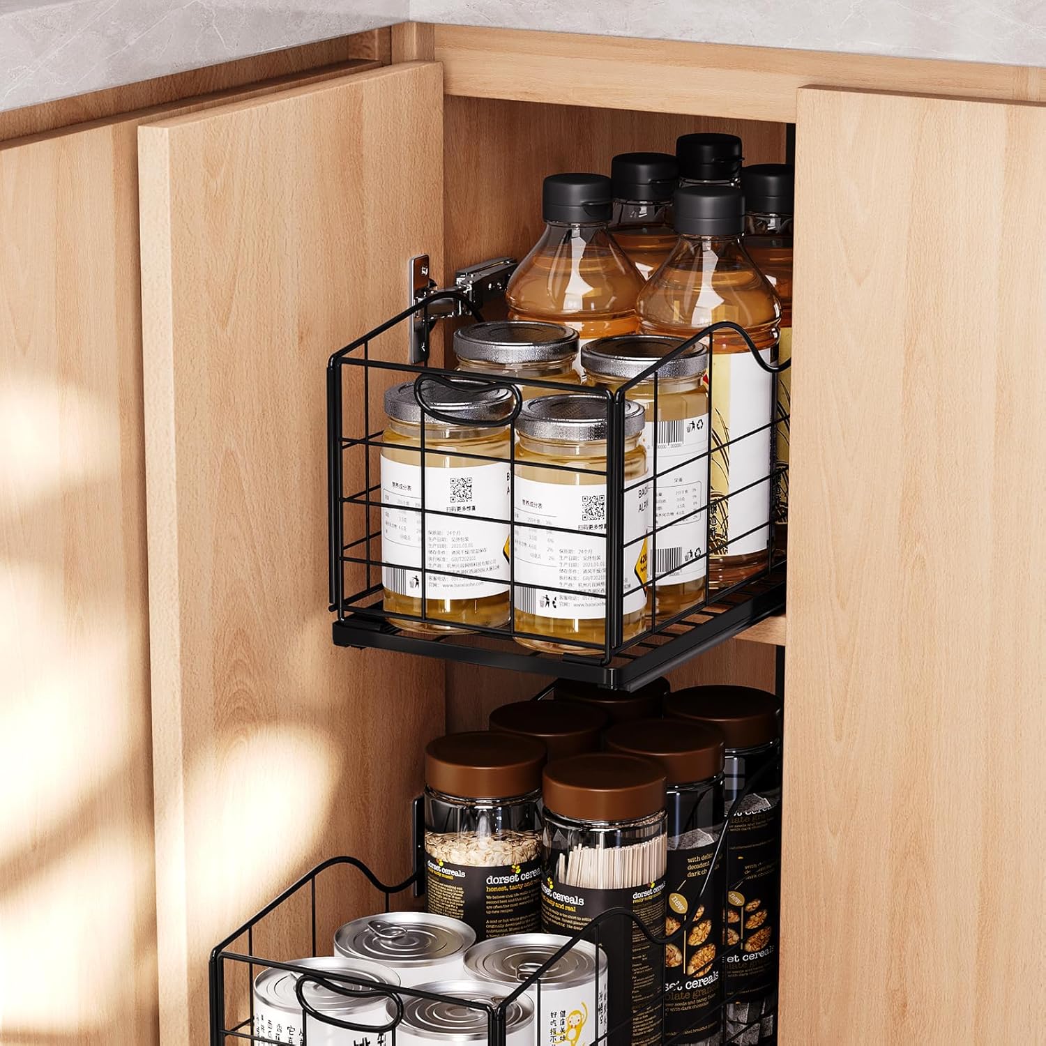 Narrow Cabinet Organizer,Carbon Steel Pull Out Cabinet Organizer,Fixed Heavy Duty Kitchen Cabinet Slide Out Shelves for Storing and Organizing Bathrooms, Kitchens, Bedroom (Black, Deep 16.7")