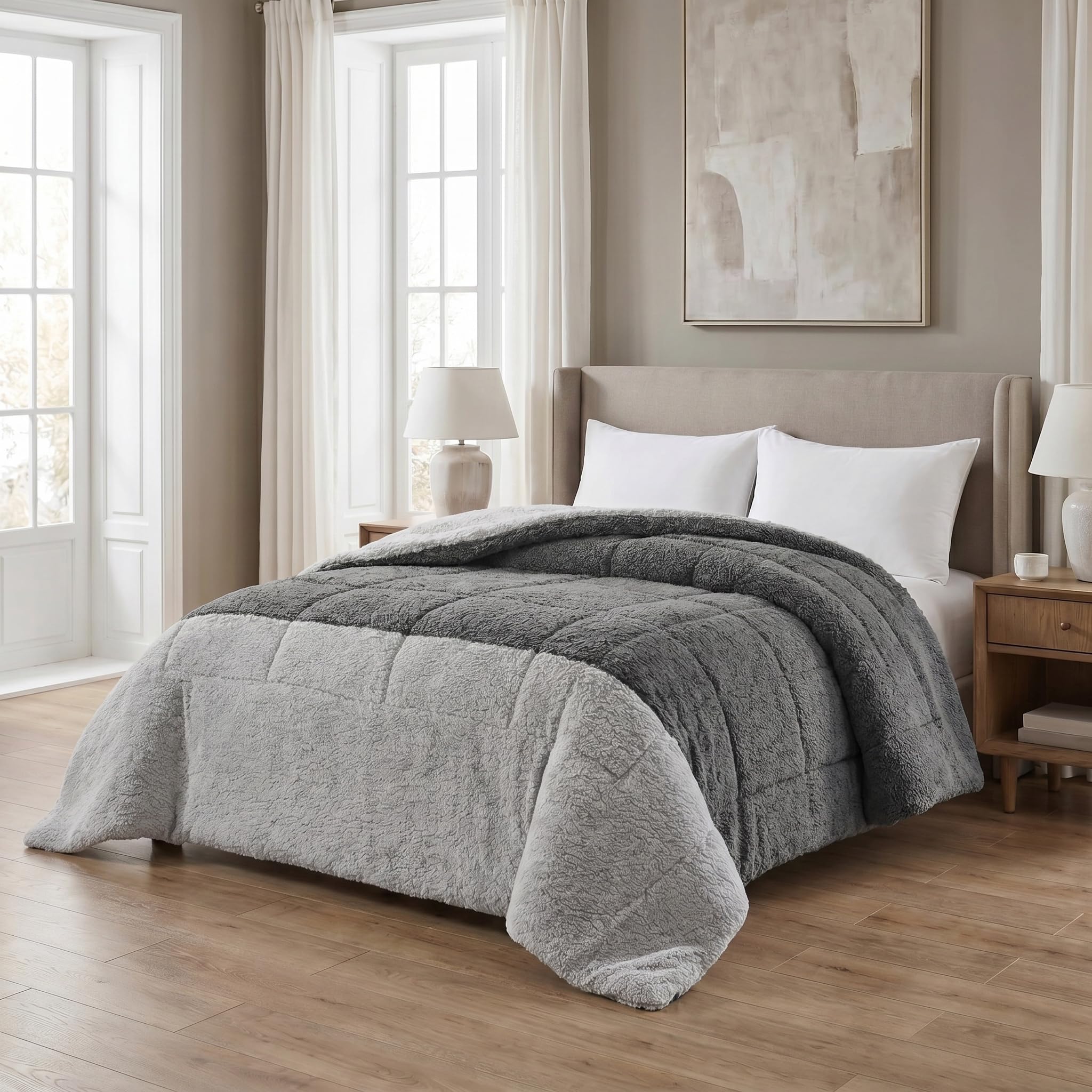 INTRECCI Trapunta Matrimoniale Invernale 250x250 cm In Tessuto Sherpa Agnellato Calda Coperta Autunno Inverno Piumone In Morbida Microfibra Anallergica Antiacaro (Grigio/Titanio)