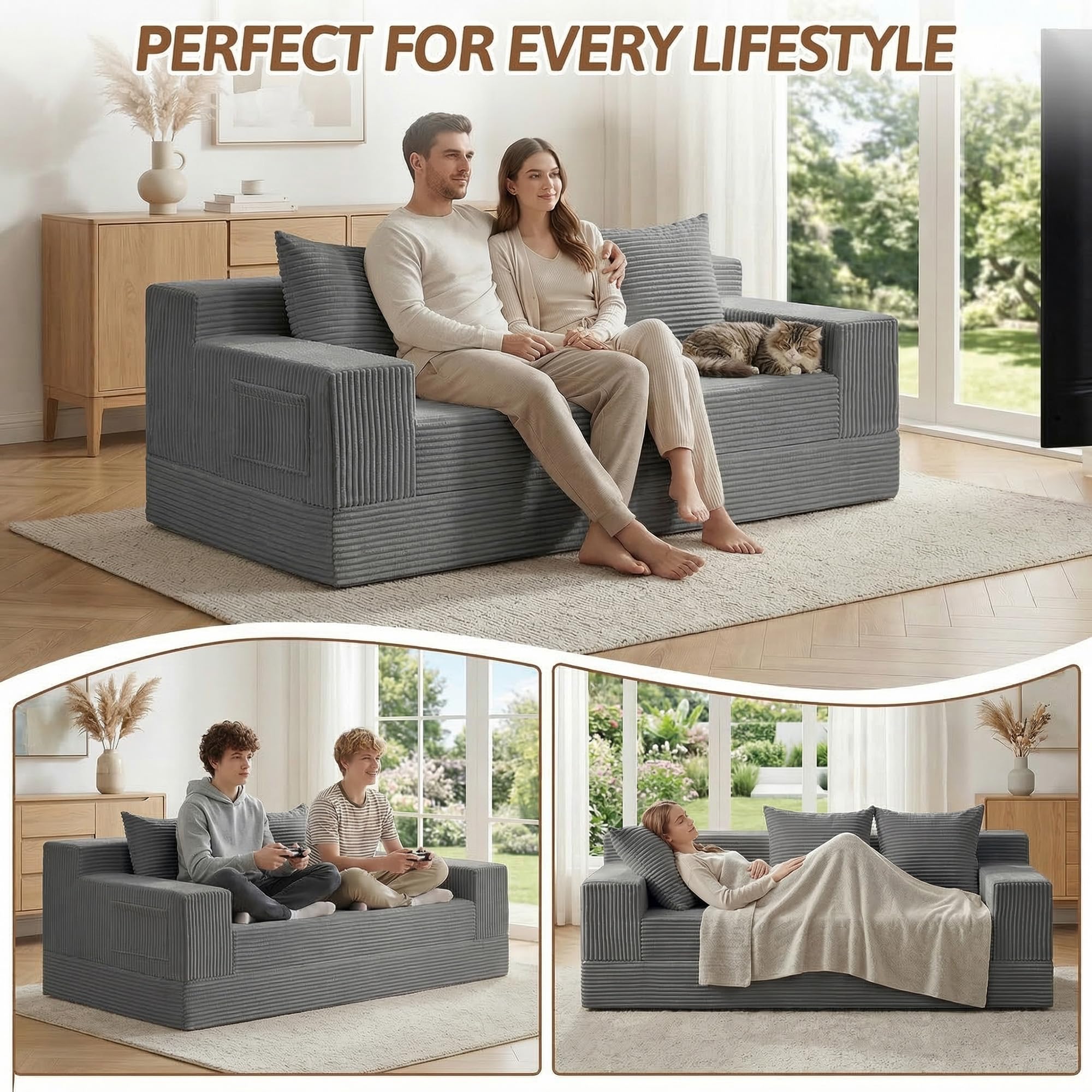 The Best Loveseat Couches in 2026 3 Convertible Sofa Bed, Pull Out Boneless Couch Loveseat Floor Sofa Bed with Pillo - product photo