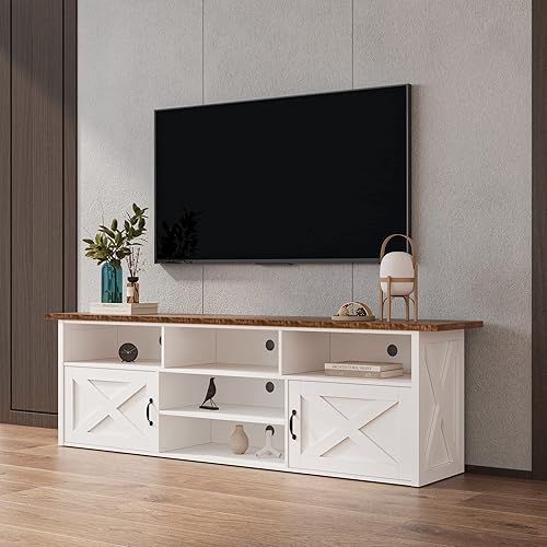 Miniatura 7 de Furnicare Soporte de TV de granja para TV de 80 pulgadas moderno centro de entretenimiento de madera con puertas dobles de granero y armarios de