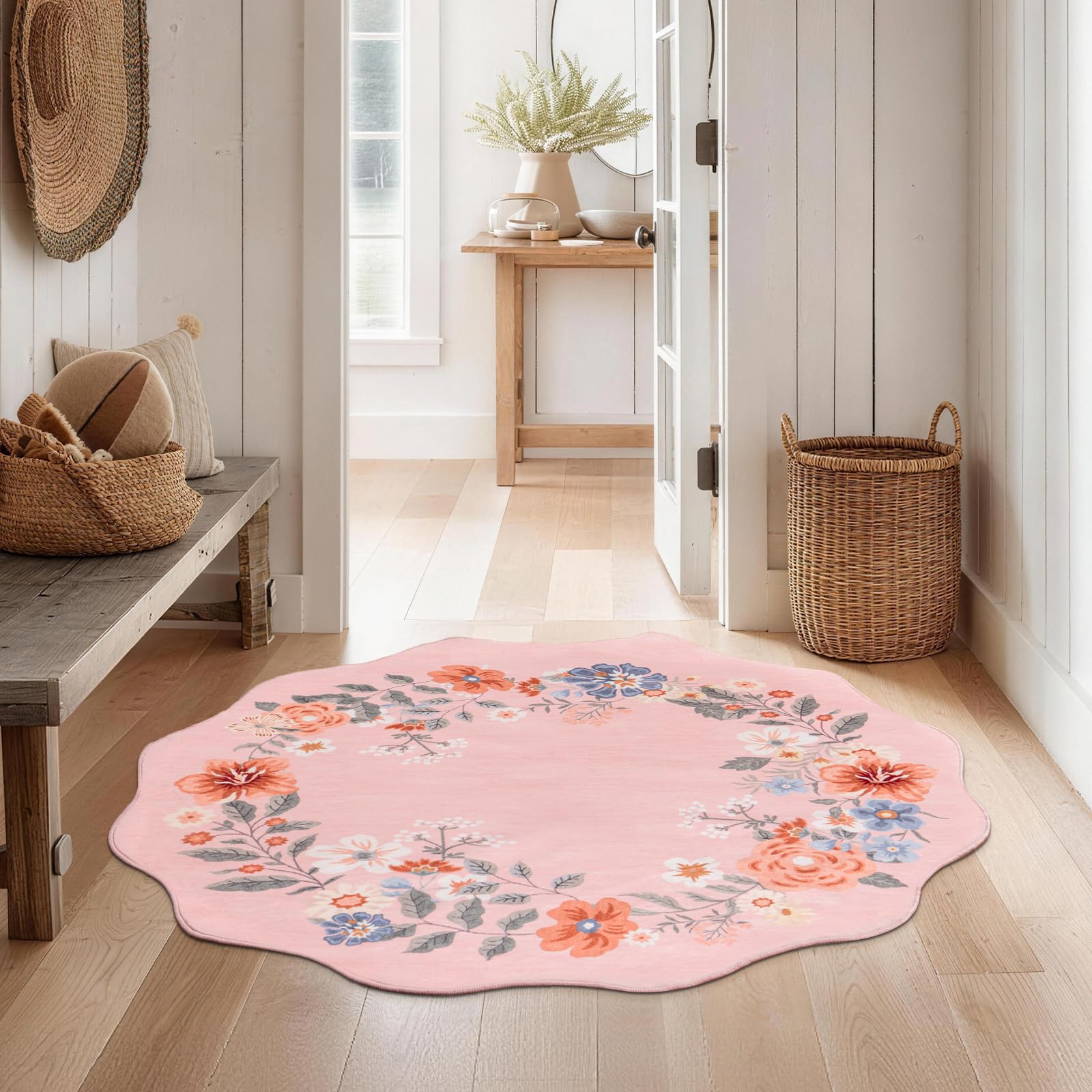 SOANNY Floral Round Rug 120 cm, Soft Washable Non-Slip Area Carpet, Small Low Pile Boho Stain Resistant Circle Mat for Entryway Bedroom Office Bathroom Office Dining, Scalloped Pink โ image 1