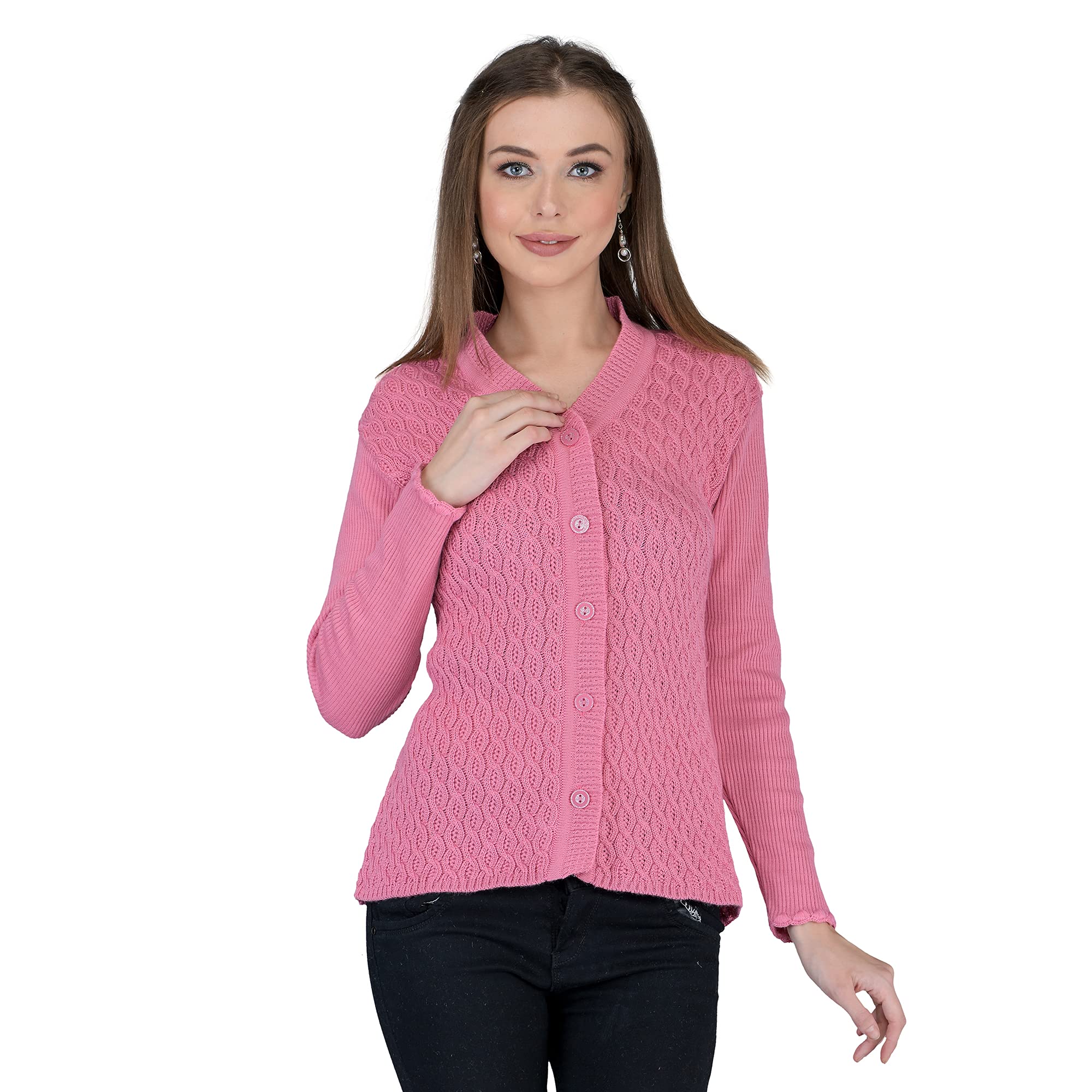 lady willington Women's Woolen V-Neck Cardigan - Heavy Daffodil Fabric Winter Wear Pure Wool Cardigan for Women - Free Size Long Cotty Fully Warm - Pink (Small)-picture-31