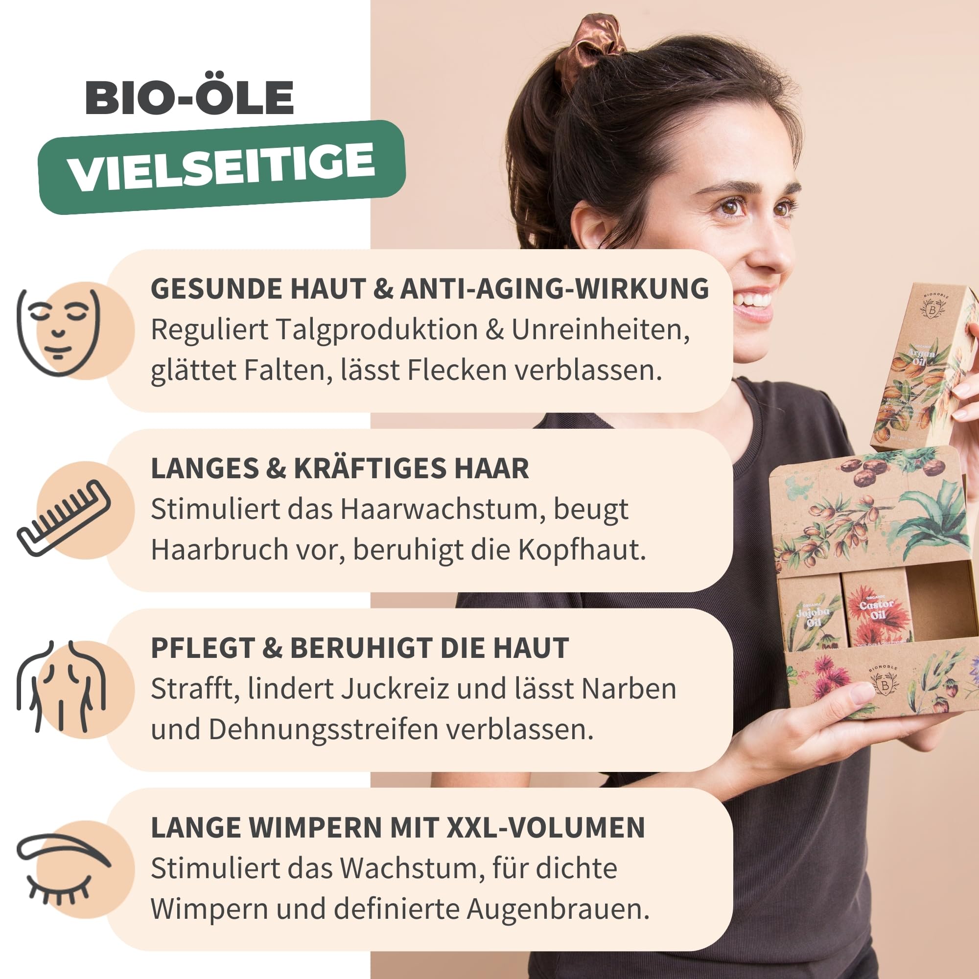 BIONOBLE Wellness Set für Frauen - Bio Rizinusöl Arganöl Jojobaöl - 3x100ml | 100% Natürlichen Ursprungs, Vegan Geschenkset Kosmetik - Haare, Gesicht - Beauty Paket für Frauen - Glasflaschen, Pipetten