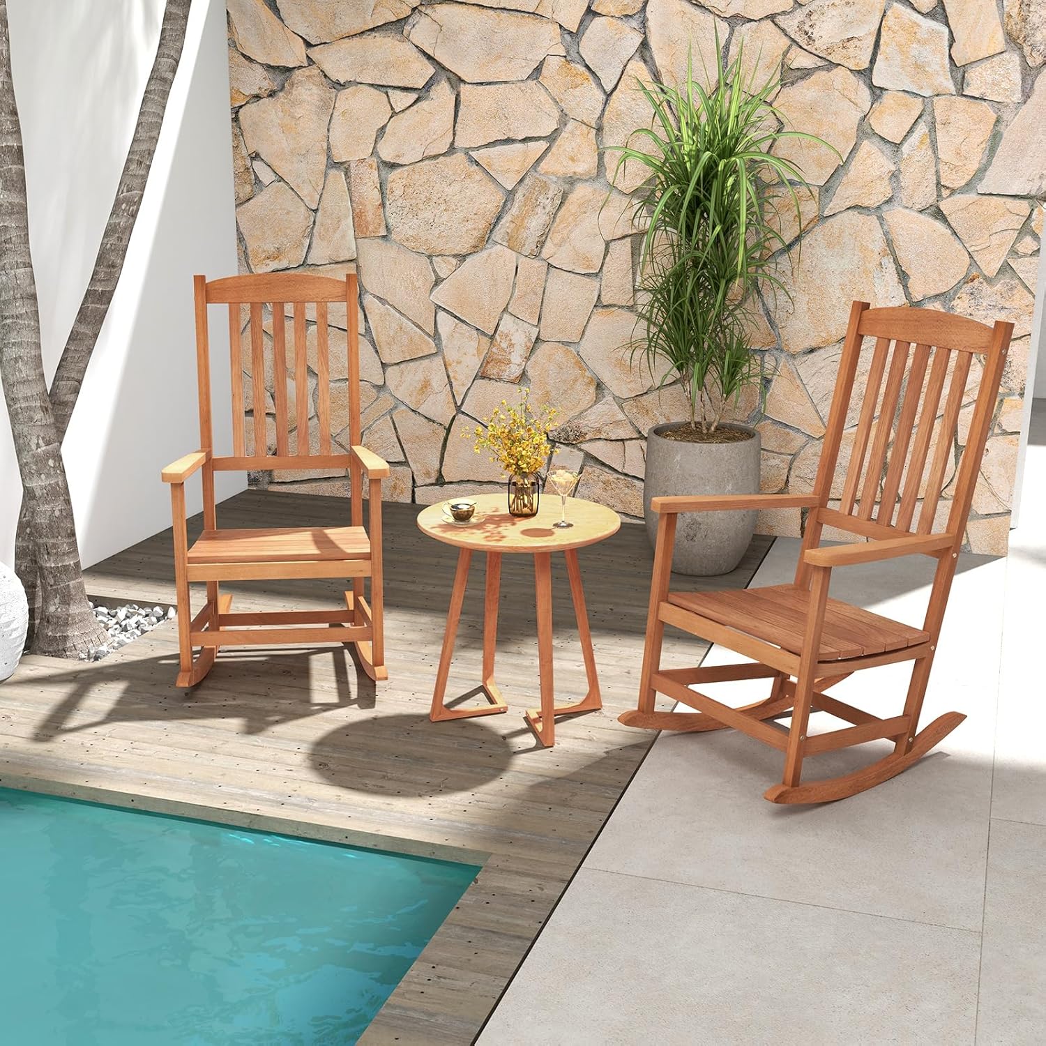 Giantex Outdoor Rocking Chair, High Back Patio Rocker w/Armrests, Hardwood Lounge Rocking Chair with Smooth Rocking Base & Slatted Design, Wood Porch Rocker for Backyard, Poolside (1, Natural)