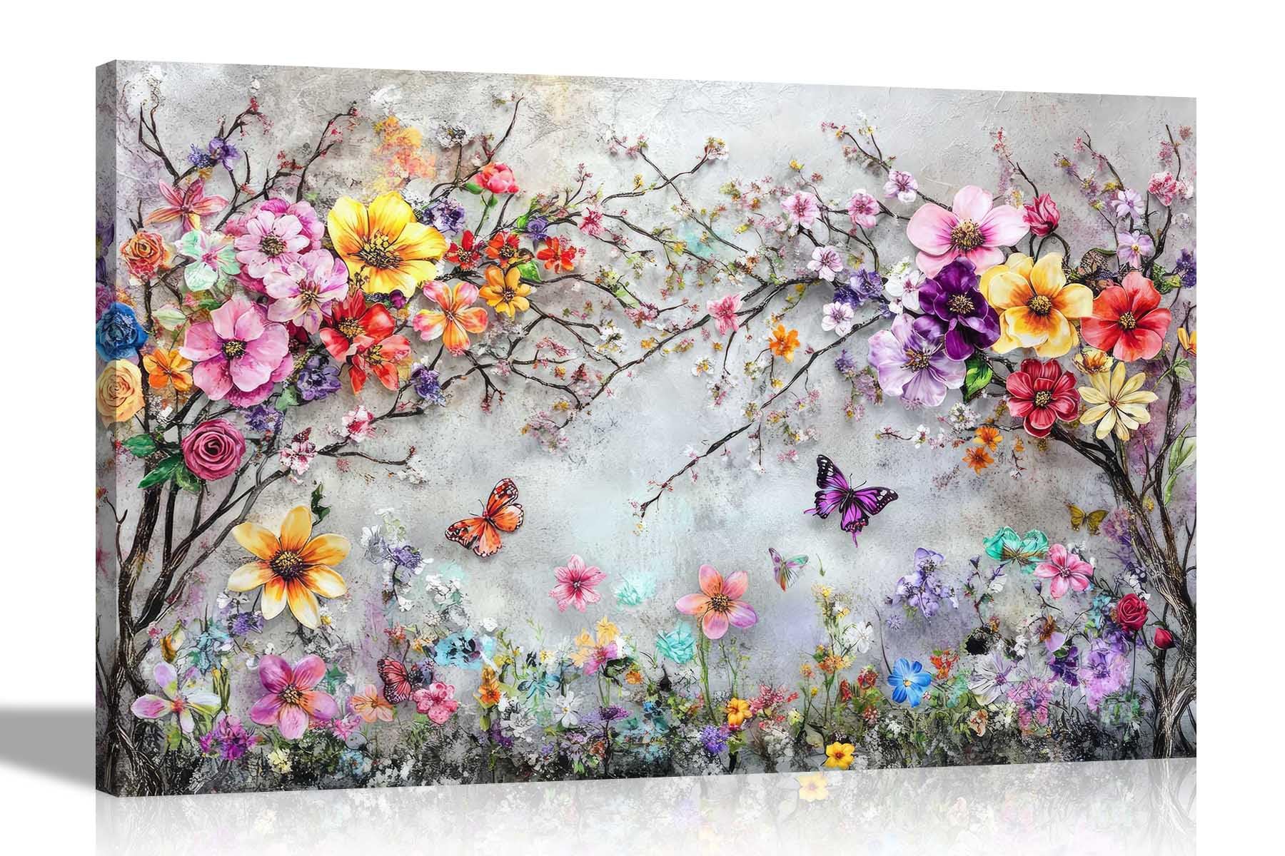 Artley Prints Colourful Botanical Flowers - Spring Garden Flower Blossom And Butterflies Canvas Wall Art Prints Home Decor Living Room Bedroom Pictures 86 X 61Cm (34 X 24 Inches) A1