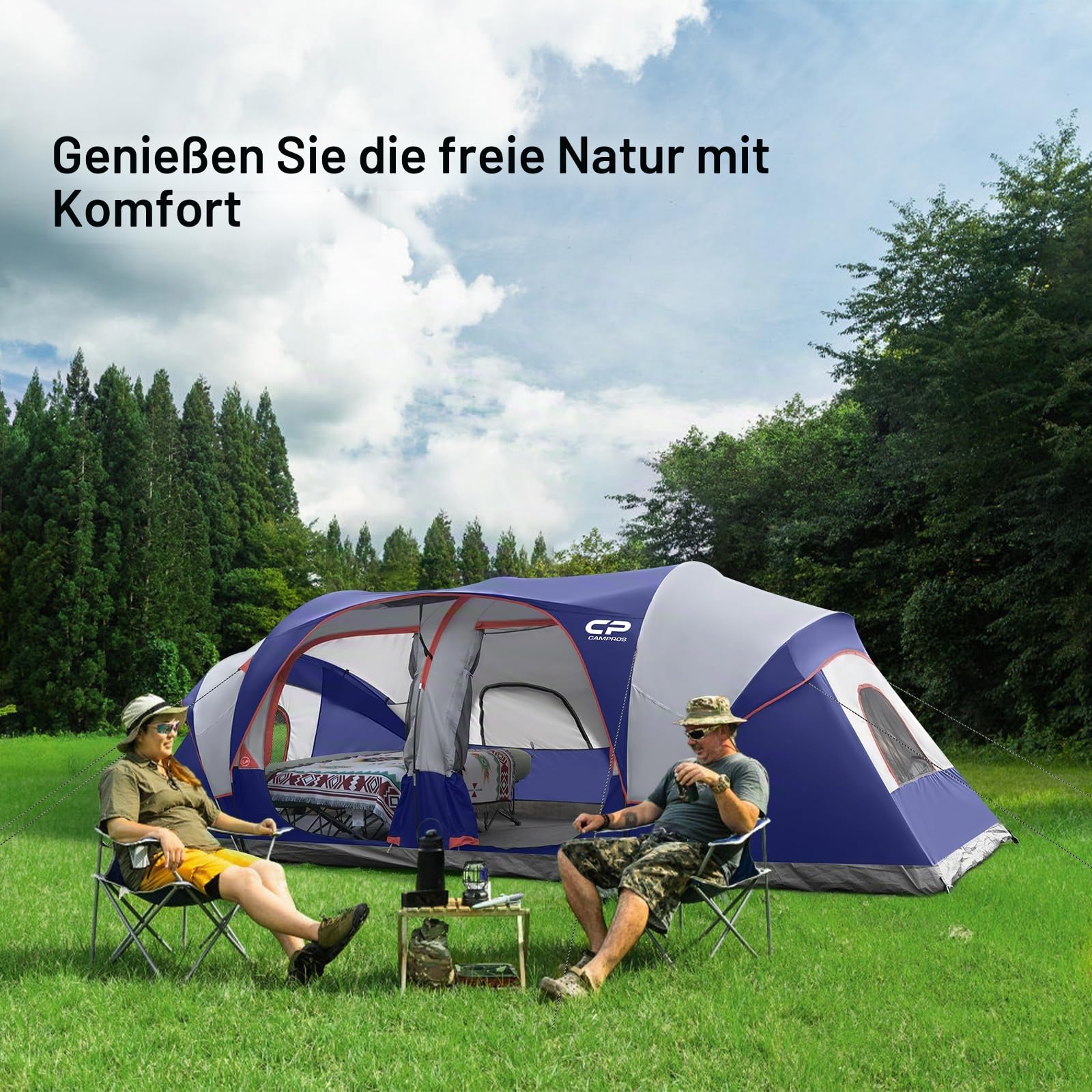 CAMPROS CP Familienzelt für bis zu 12 Personen, Großes Tunnelzelt mit 3 Schlafkabinen, 183 cm Stehhöhe & Großem Wohnbereich, Wasserdichtes Campingzelt mit Moskitonetzen und Tragetasche
