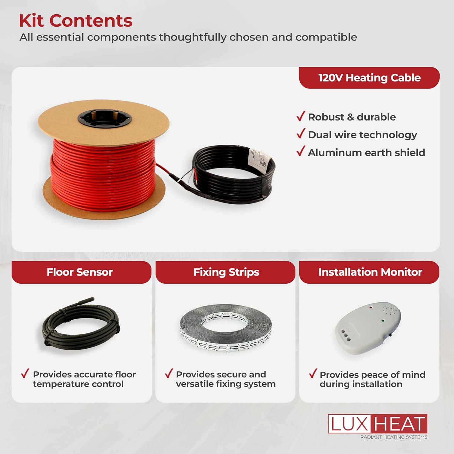 LuxHeat 20sqft Floor Heating Cable Kit - 120v Heated Floor Kit for Tile, Vinyl, Laminate - Electric Radiant Heated Flooring System - Includes Electric Heat Cable, Strapping, Sensor & Alarm