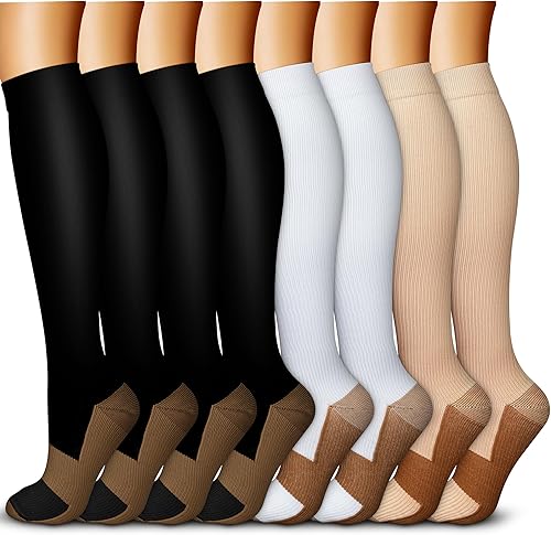 QUXIANG - Calcetines de compresión de cobre para mujeres y hombres (8 pares), lo mejor para correr, ciclismo, atletismo, 15-20 mm Hg
