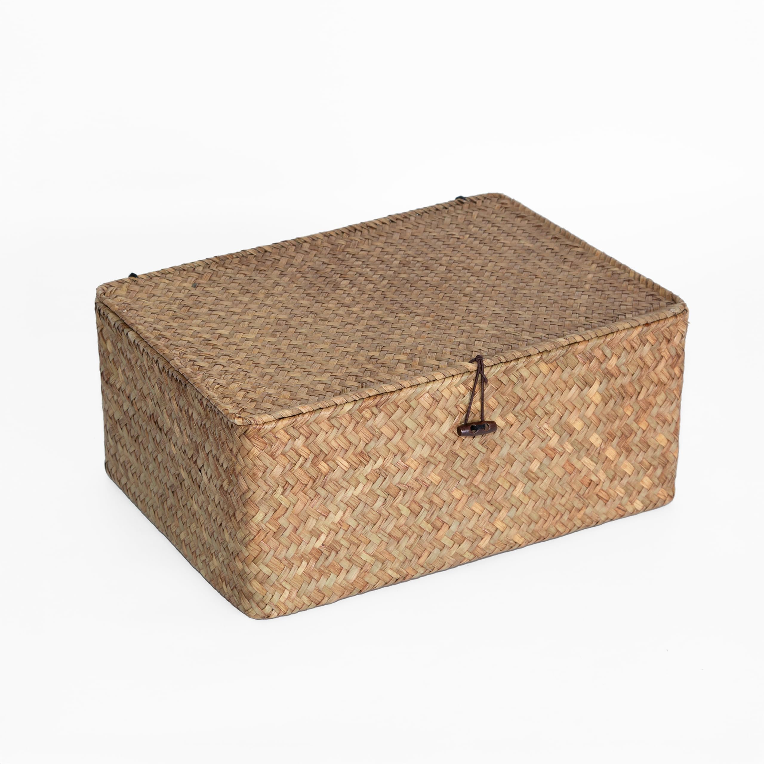 Wickerfield Seagrass Storage Basket Box with Lid, Wicker Decorative Storage Boxes with Lids, Handwoven Wicker Storage Basket with Lid, Woven Rattan Hamper Box Home Organizer for Shelves (Large)