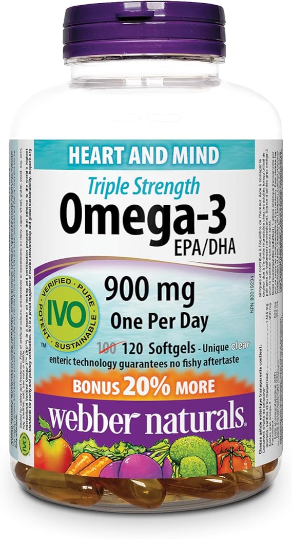 ber Naturals Omega3 900 mg Triple Strength, 120 Clear Enteric No Fishy Aftertaste Softgels