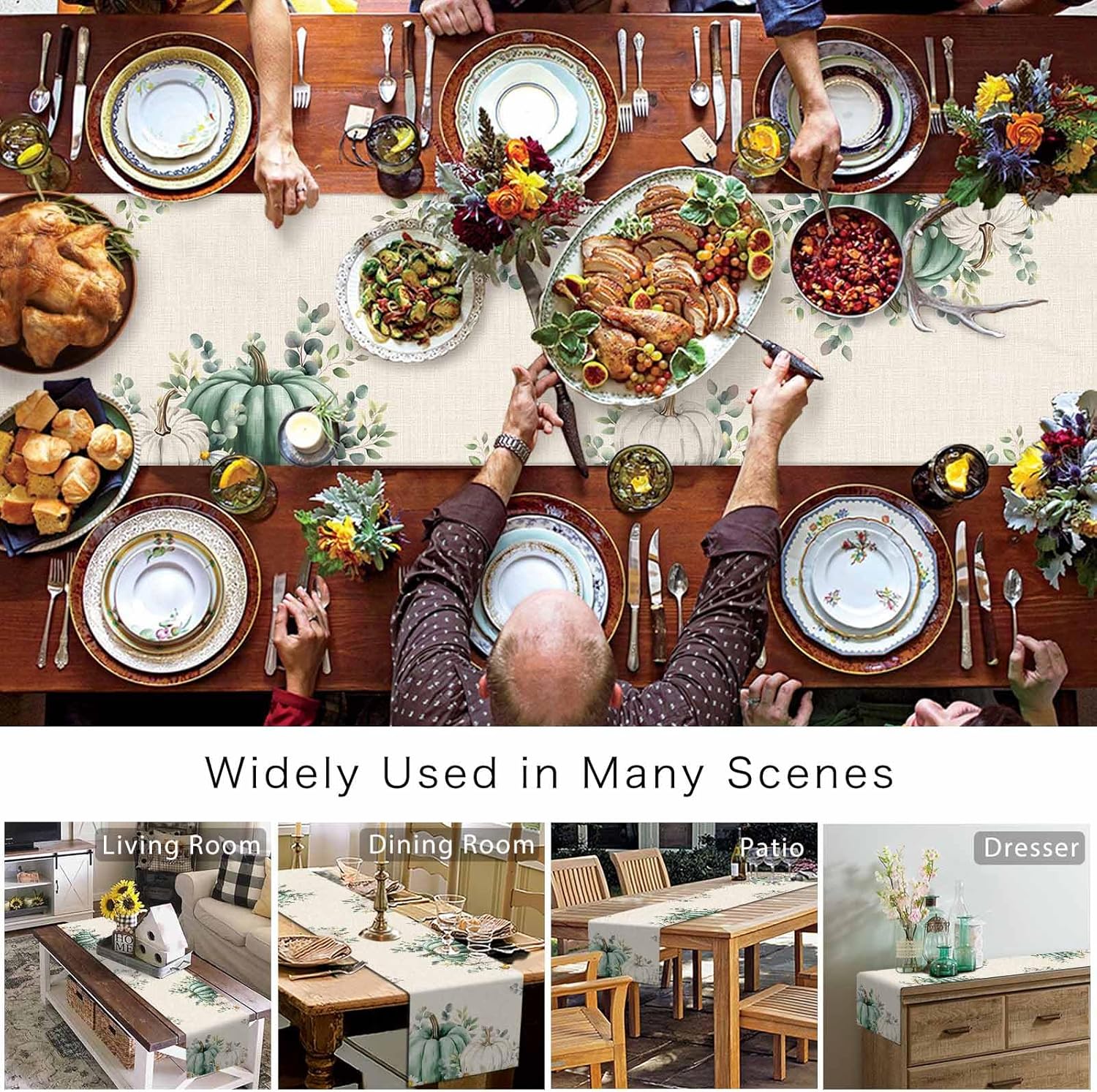 Table Runner, Thanksgiving Vintage Blue Pumpkins with Leaves Beige Cotton Linen Table Runners for Dinner, Party, Wedding, Catering Events, Holiday, Farmhouse, Dresser Scarves Decor 13x120 inch