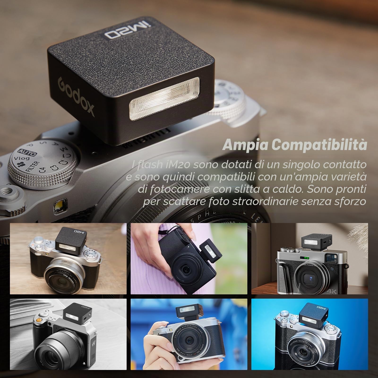 GODOX iM20 - Mini flash per fotocamera, 5 livelli di potenza, 6000 K ± 200 K 440 Flash Full-Power Godox im20 Mini Flash per Canon Sony Nikon Fuji Olympus