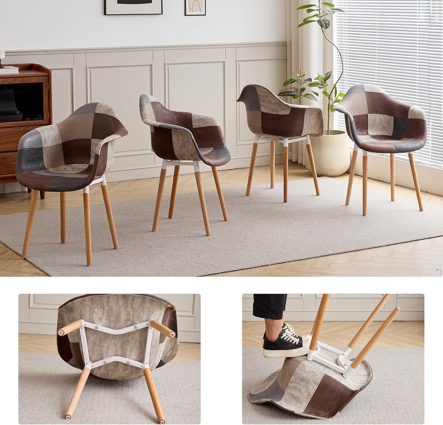 GrandCA HOME 4er-Set Esszimmerstühle, nordische Küchenstühle, gepolsterte Stühle mit Armlehne aus Patchwork-Stoff, Moderne Sessel mit Beinen aus Buchenholz, Braun+Grau