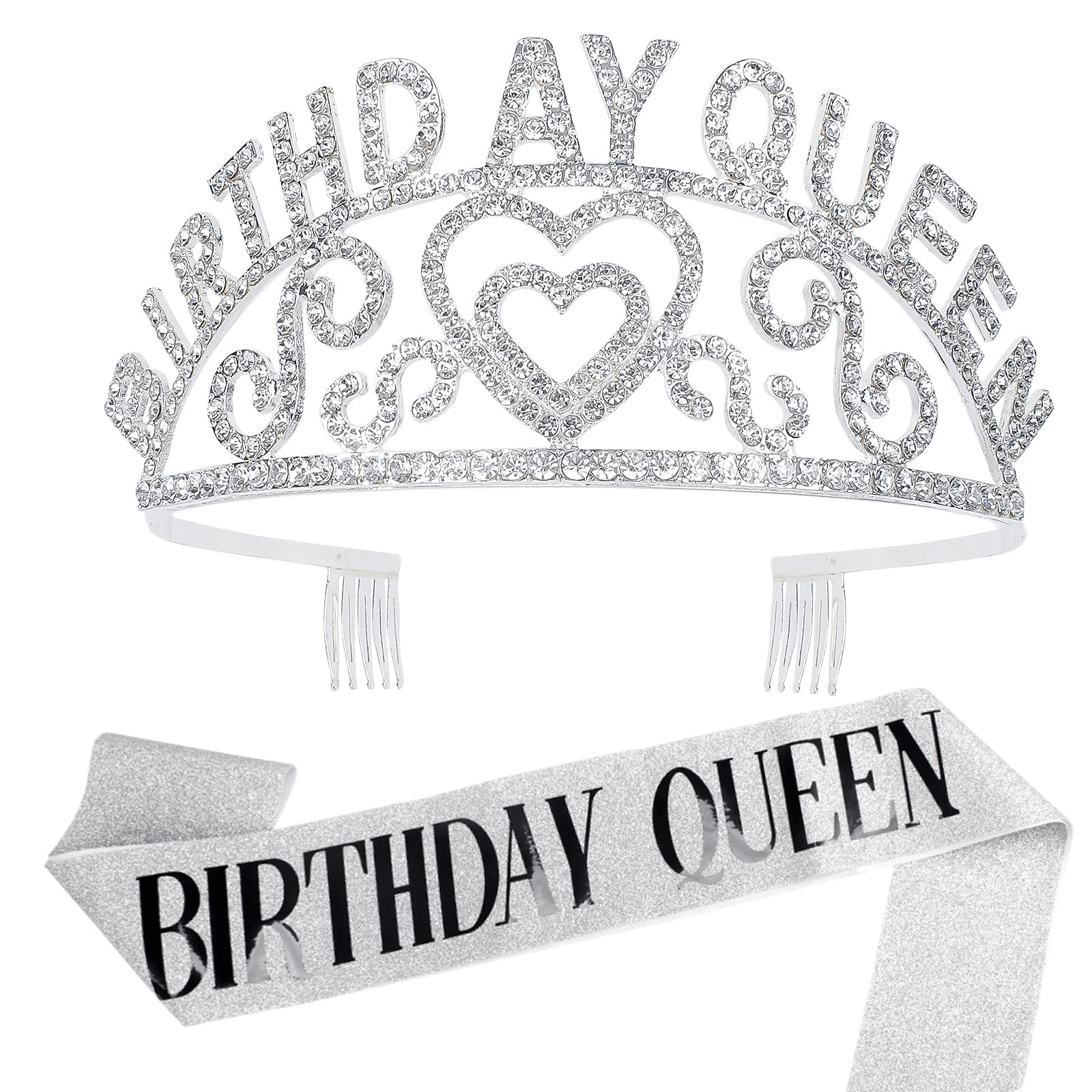 Wecoe Birthday Crown Sash Women Girls Birthday Queen Princess Tiara Silver Crown 50th 21st 40th 30th 60th Birthday Gift For Her Mom Sister Female Happy Birthday Decoration Party Supplies Favors