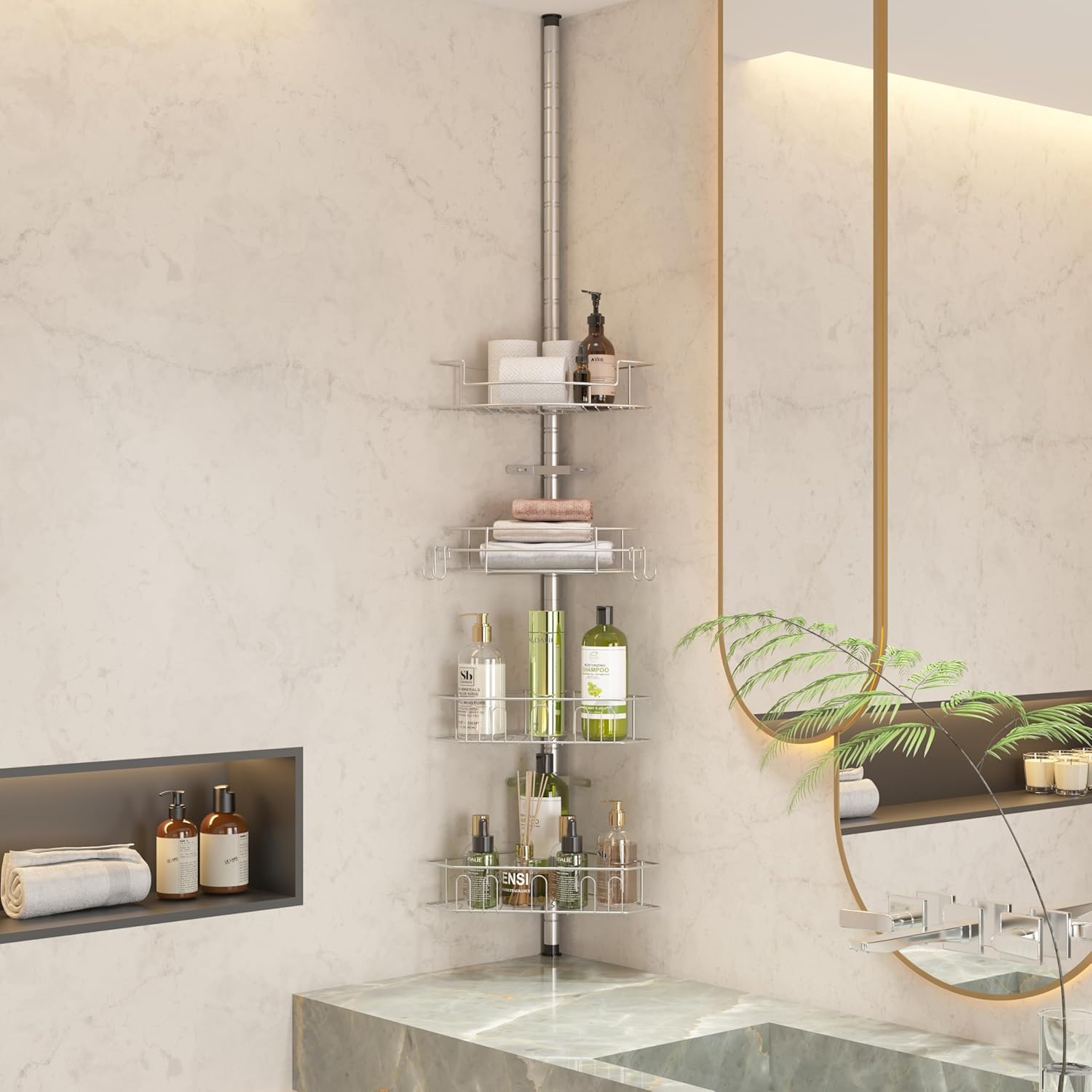 Corner Shower Caddy with Tension Pole Adjustable Floor to Ceiling Shower Organizer with 4 Removable Baskets No Drill
