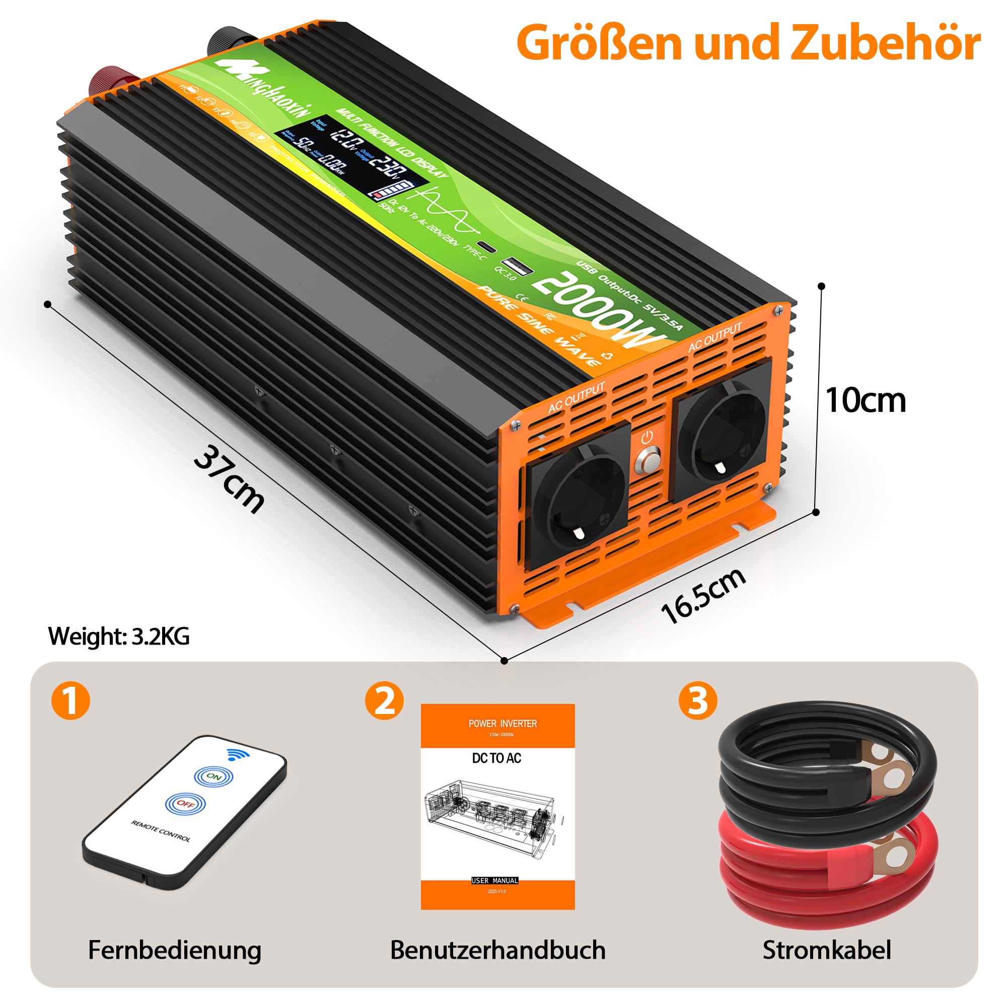 Wechselrichter 2000W Spannungswandler 12V 230V Reiner Sinus Inverter Konverter mit LCD-Display, USB-C-Anschluss und Kupferdraht 2 EU Steckdose für Solar,Fahrzeuge,Wohnmobil(Spitzenleistung 4000 Watt)