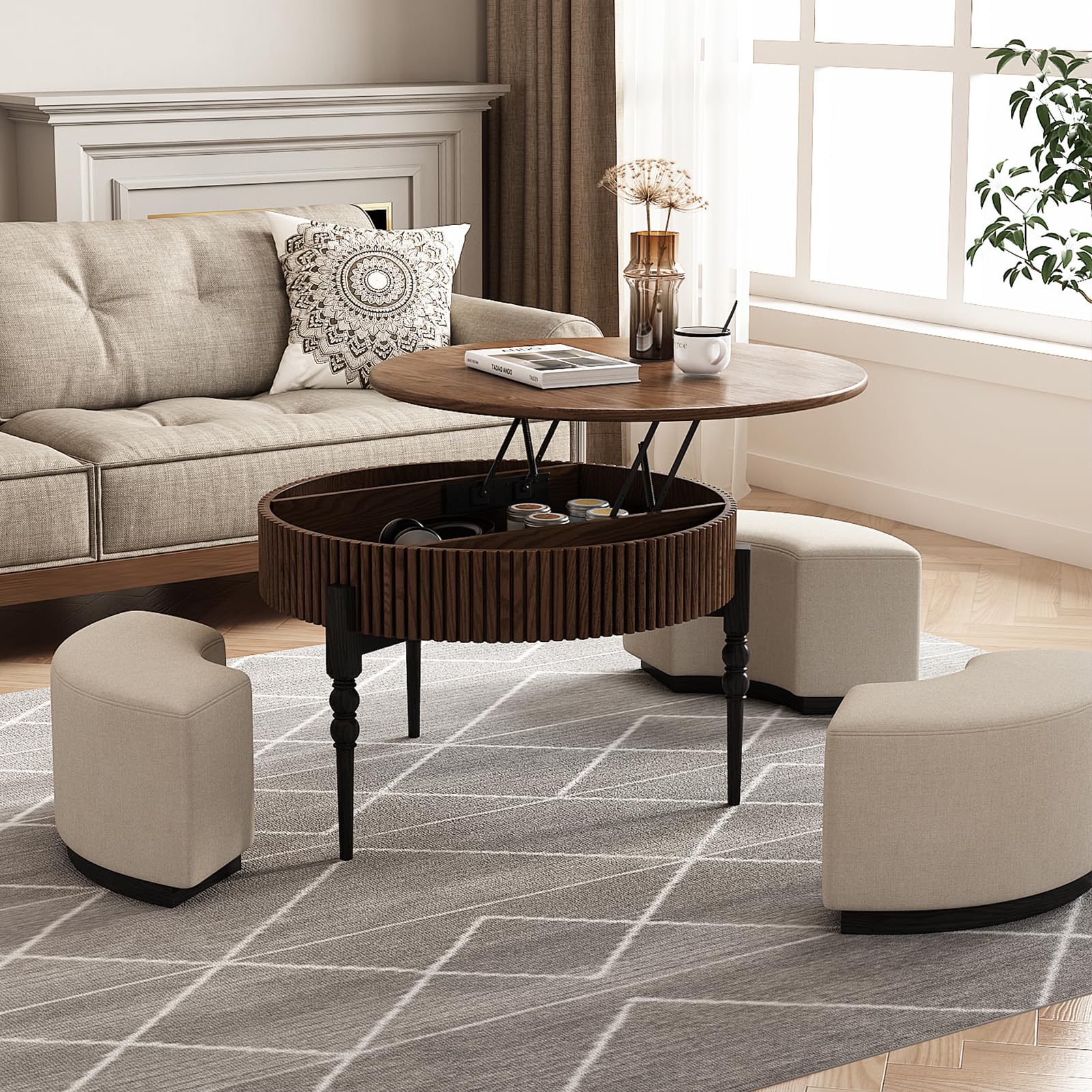 Lartis Modernes rundes Couchtisch-Set, Walnuss-Finish mit Stauraumschublade und Hockern, 2-teiliges Set für das Wohnzimmer
