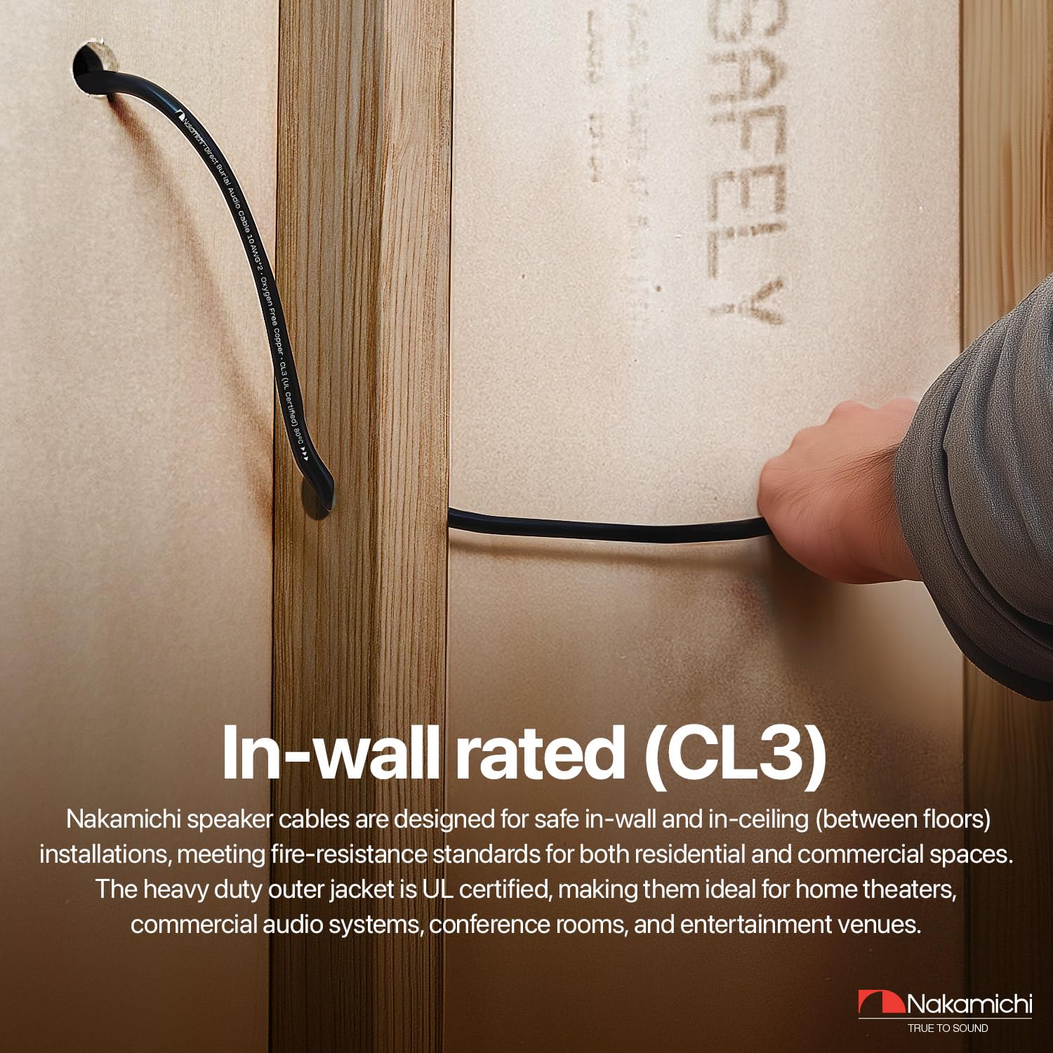 Nakamichi 14/2 (100 pieds) Câble d'enceinte 2 conducteurs en cuivre sans oxygène (OFC), pour installation murale et enterrée (certifié UL CL3), utilisation en extérieur, noir (14AWG / 100ft / 30,48m)