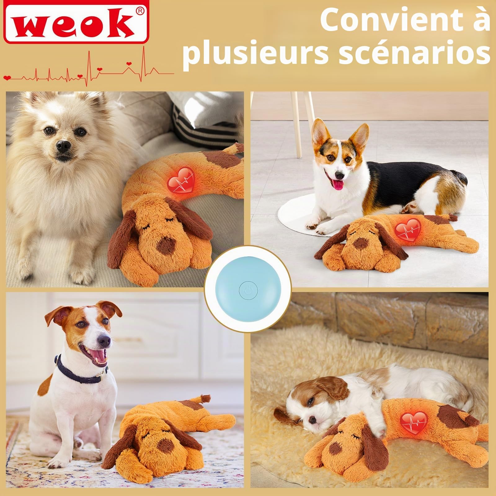 WEOK Jouet pour Chiot - Oreiller Confortable pour Soulager l'Anxiété - Jouet en Peluche pour Battements de Cœur pour Chiens et Chats