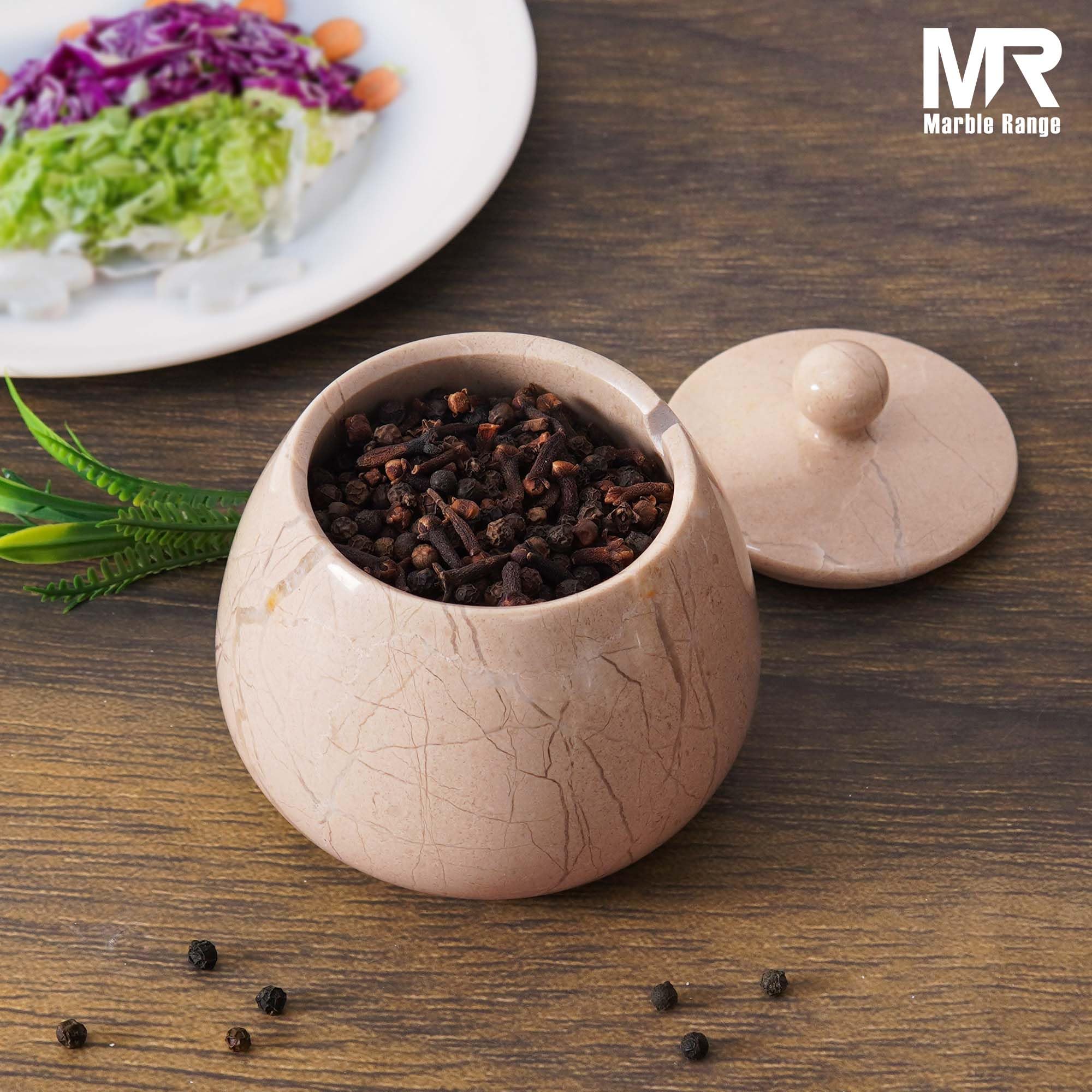 Salero de mármol con tapa de 4 pulgadas, caja de sal hecha a mano, cuenco de sal y pimienta, soporte de sal con tapa y cuchara, bodega de sal para almacenamiento de cocina, recipientes de sal y