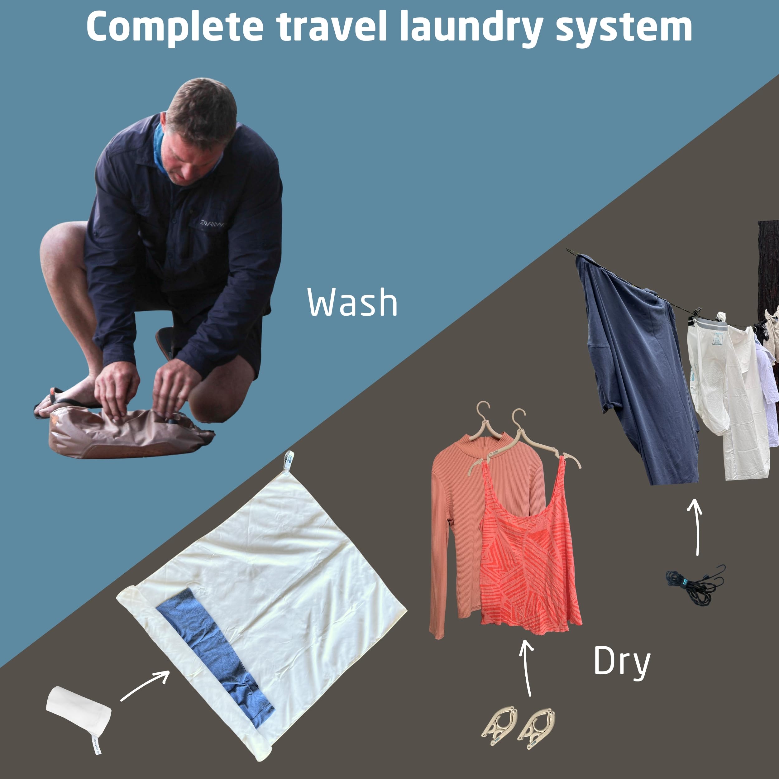Scrubba TACTICAL Waschbeutel & Trocken-Set – Tragbares Waschsystem mit XL Handtuch, Wäscheleine & Haken – Für Camping, Hiking, Militär, Hostels & Hotels – Kompakt & robust – Waschlösung für unterwegs