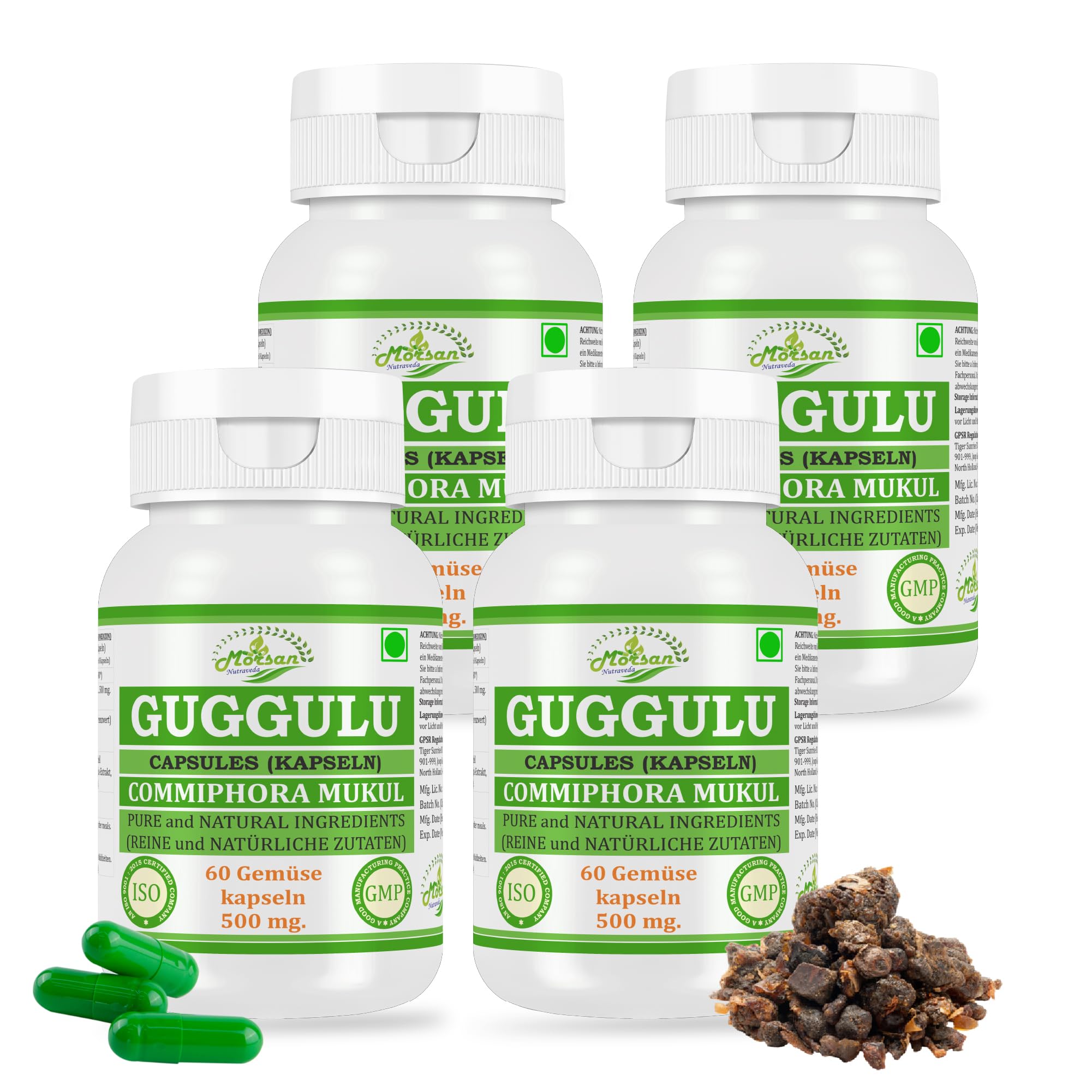 Guggulu-Kapseln 500 mg. 60 Veganer. Einheiten | Guggulu (Commiphora mukul) Extrakt-Kapseln für Männer und Frauen | Ayurvedische Kräuterergänzung/Heilmittel (4 Flaschen mit 60 Kapseln)