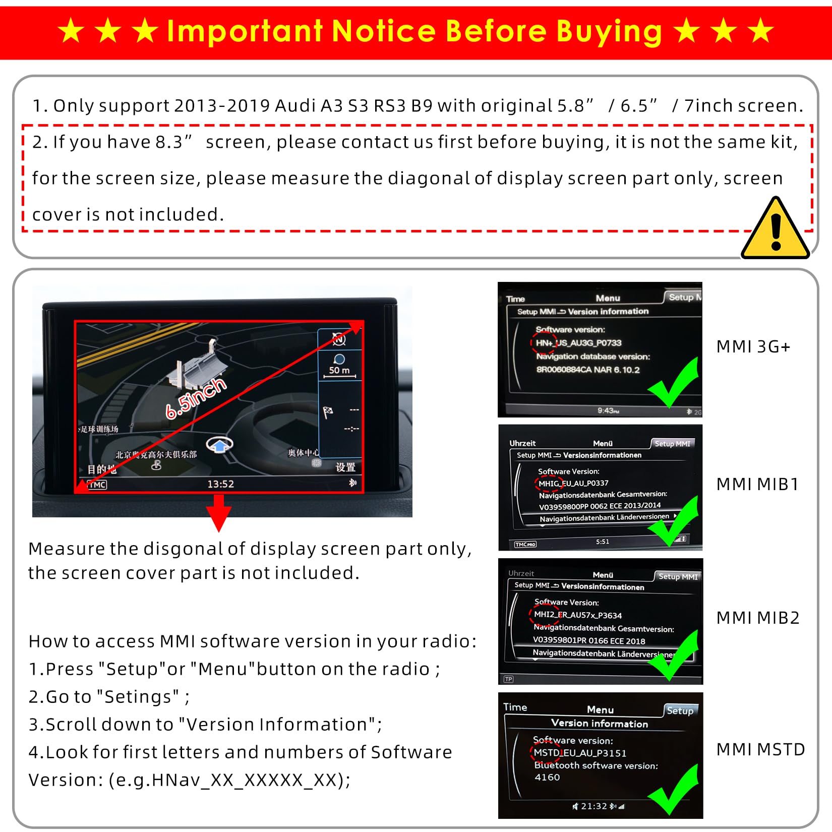 Compatible with Audi 2013-2019 A3 B9 Wireless CarPlay Android Auto Mirrorig Retrofit Kit, USB Stick Plays, HDMI, Built-in YouTue App, Support 5.8