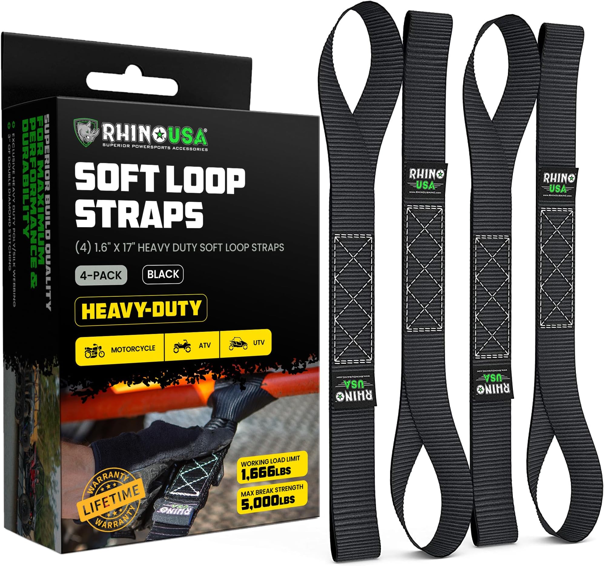 Rhino USA Soft Loop Tie Down Straps (4-Pack) - 1.6 Inch x 17 Inch (5,000 lbs Break Strength) Heavy Duty Motorcycle Handlebar Straps for use with Ratchets for ATV, UTV, Dirt Bike (Black)